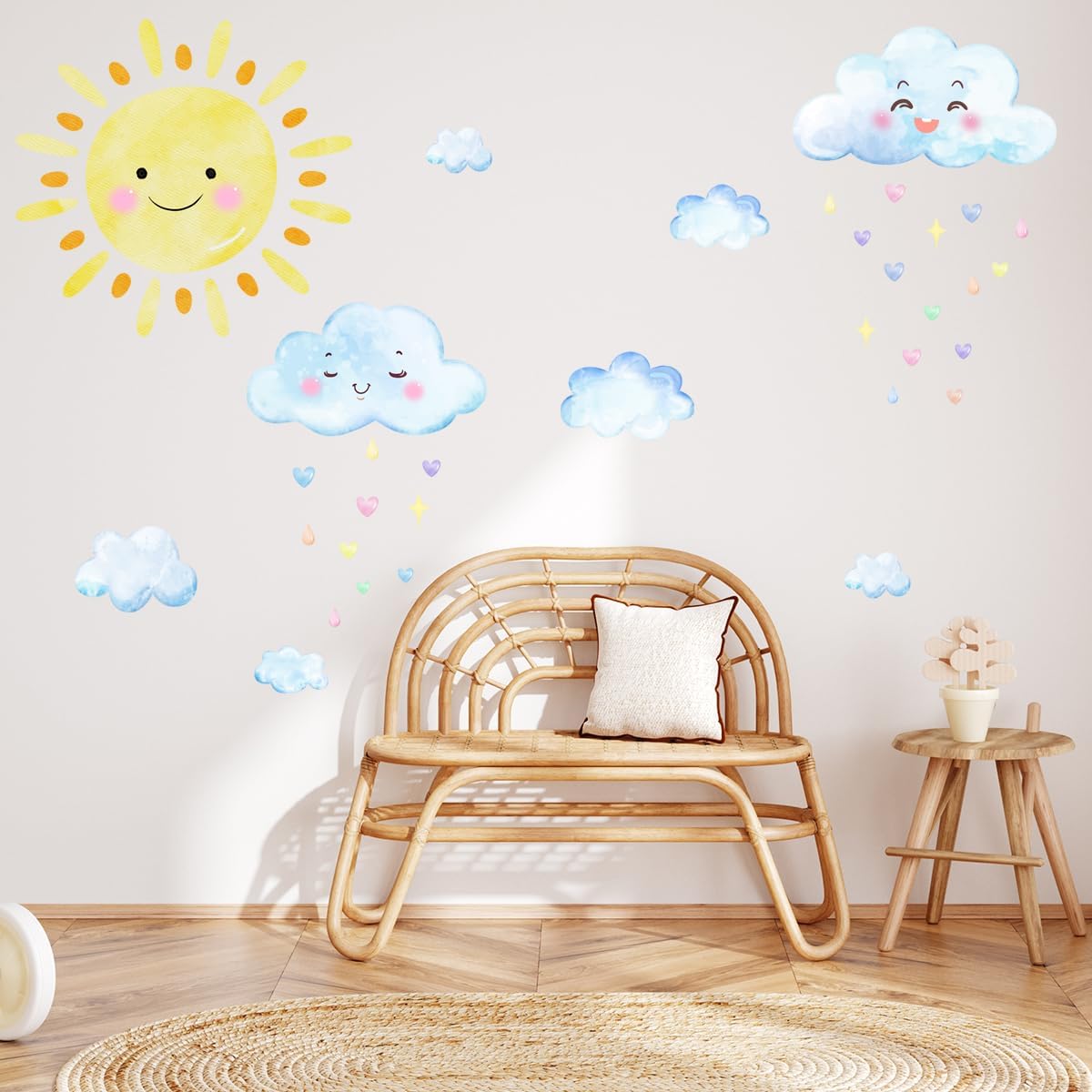 Summer Sun Wall Decals, Watercolor White Clouds Wall Sticker, Boy Girl Room Decoration Sun Stickers, Peel and Stick Removable Sun and White Clouds Wall Decor,for Boys and Girls Room, Children&#x27;s Bedroom.