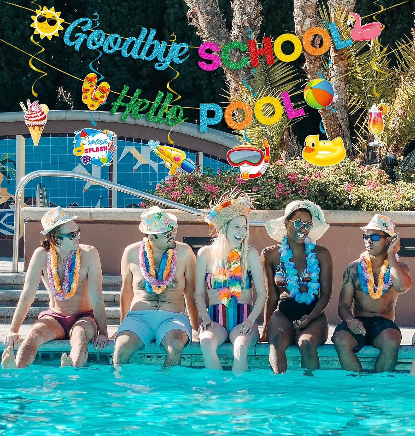 Glittery Goodbye School Hello Pool Banner with Colorful Sunglasses Slippers Flamingo beach ball Signs End of School Year Summer Vacation Banner Garland Beach Pool Splash Bash Summer Party