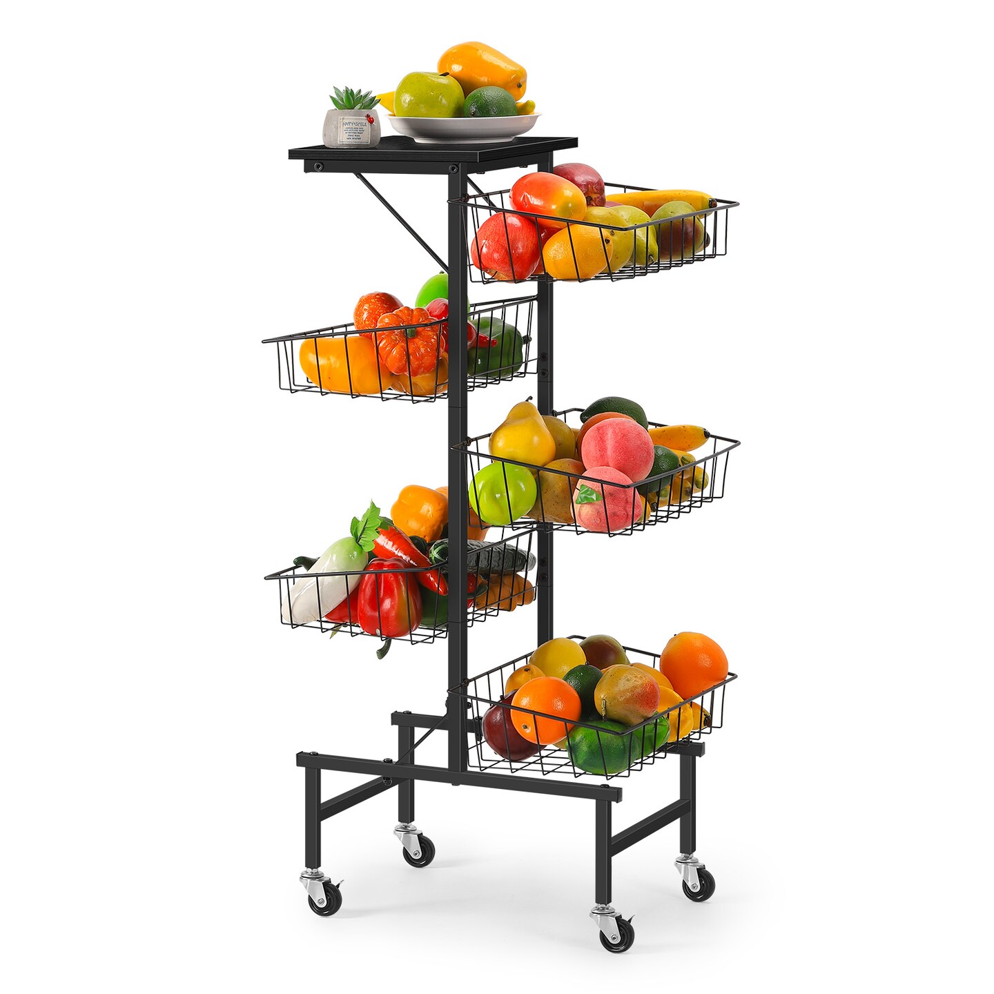 6-Tier Rolling Kitchen Cart with Wooden Top – Large Metal Fruit & Vegetable Basket Organizer, Rustproof Storage Cart with Wheels for Home, Office, Laundry Room