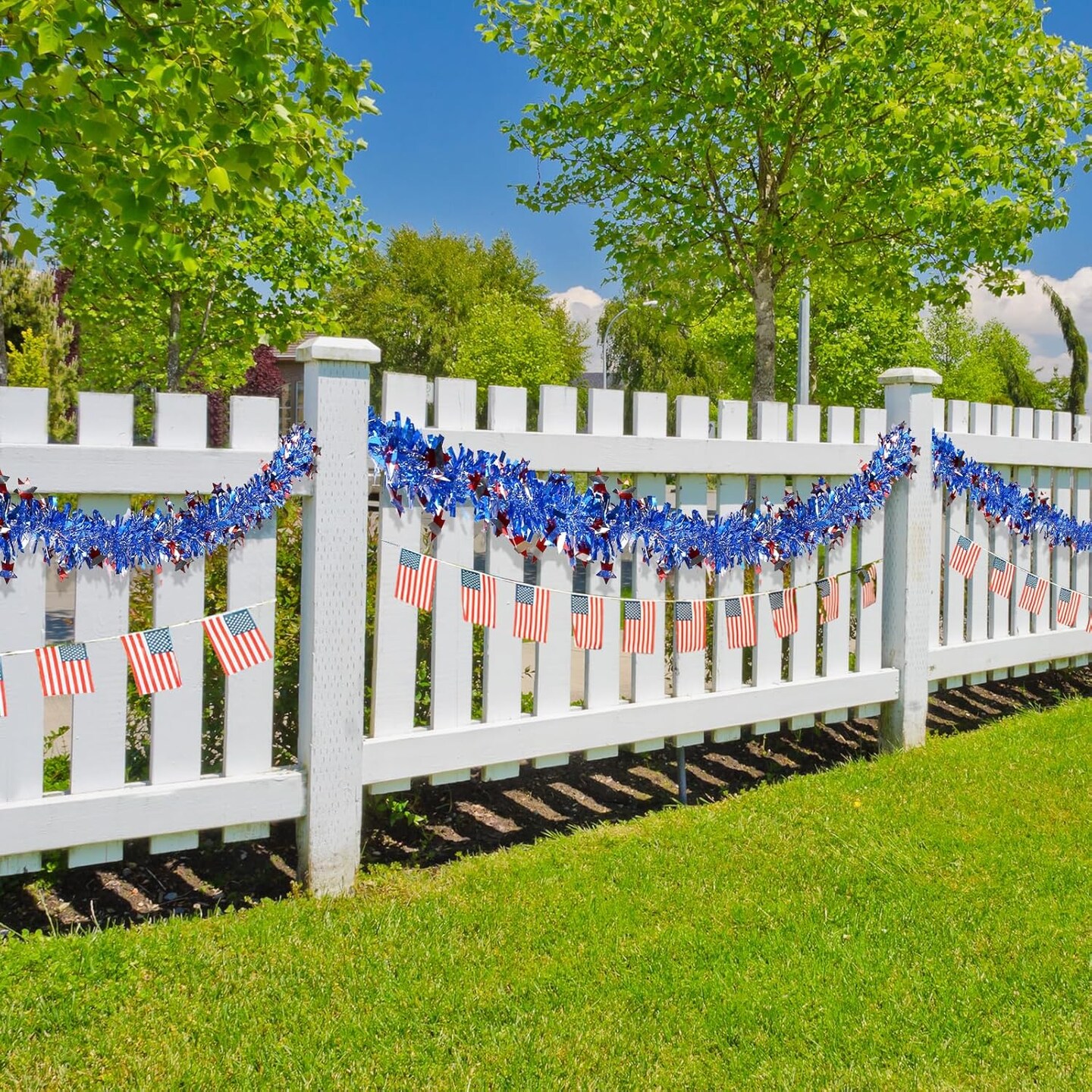 4th of July Garland Decor,33Ft Glitter Tinsel Patriotic Decorations for Tree Car Golf Cart Parade Float Bike Outdoor Holiday Independence Day Memorial Day Veteran&#x27;s Day USA Summer Red White Blue