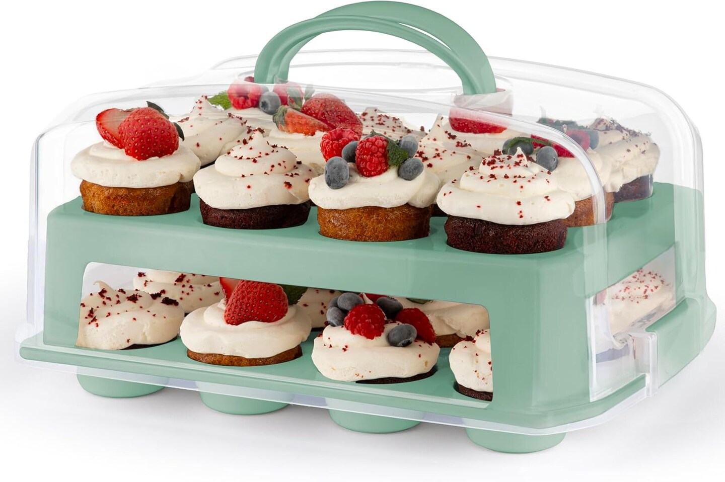 Cupcake Carrier 24 Count - Sturdy Cupcake Holder with Lid & 2 Handles, Stylish Two-Tier Cupcake Carrier/Stand, Spacious 3.5” Top & Bottom Tray
