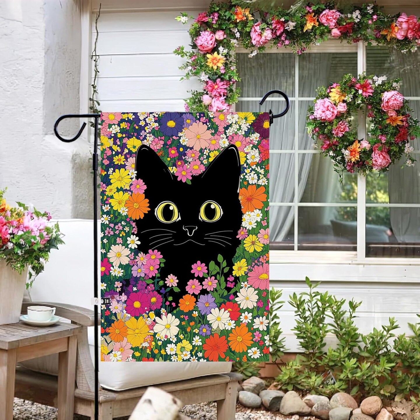 Spring Summer Funny Cat Garden Flag Double Sided 12.5 x 18 Inch Funny Black Cat Flower Floral Welcome Small Yard Flag Burlap Seasonal Yard Outdoor Outside Decoration