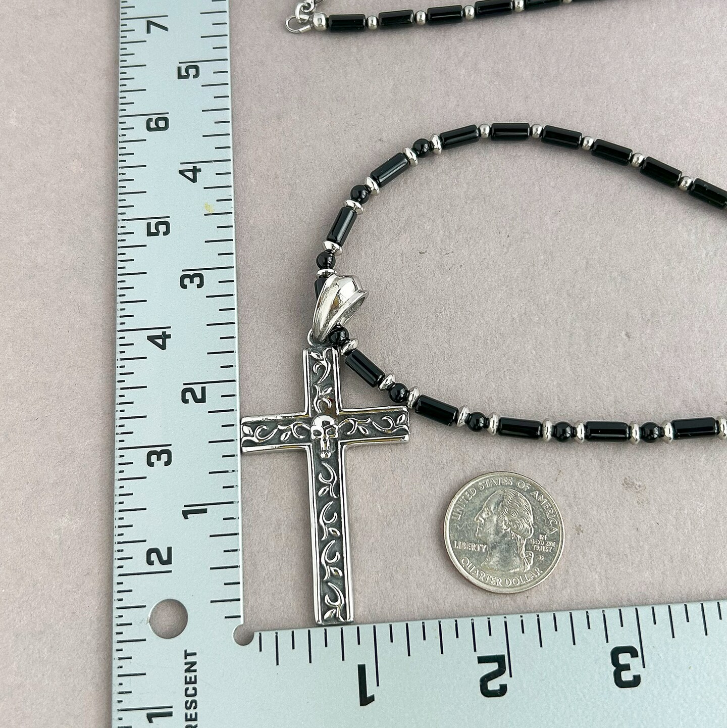Black Onyx with Stainless Steel Skull Cross Pendant Long Necklace Black Onyx with Stainless Steel Skull Cross Pendant Long Necklace