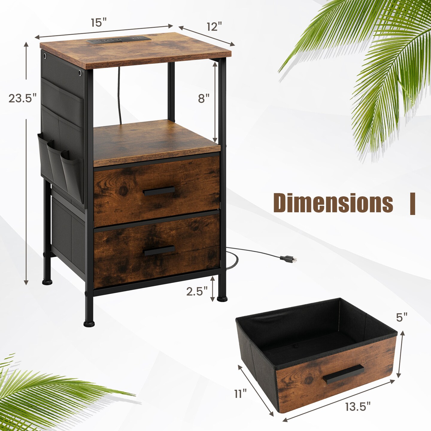 Rustic Brown Bedside Table with USB Ports and AC Outlets Perfect for Any Room