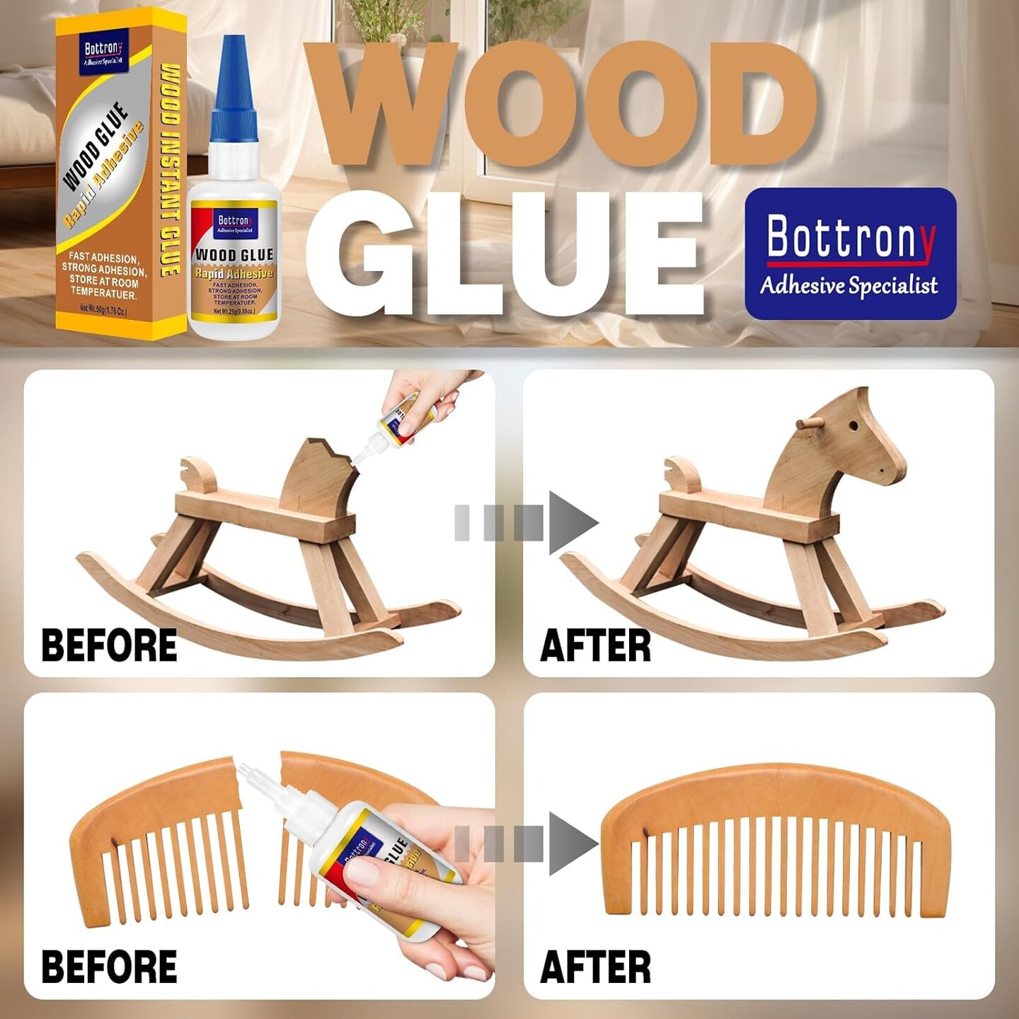Wood Glue, Fast-Instant Super Glue for Wood, Clear Glue for Woodworking, Waterproof Cyanoacrylate Adhesives Ideal for Wooden Furniture, Wooden Product, Crafts, Floor, DIY (1 Bottle 25g)