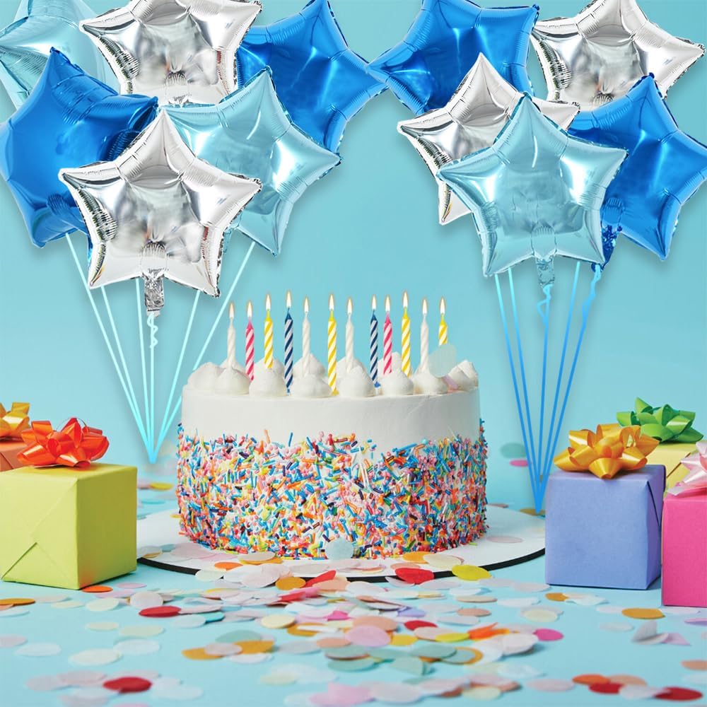 30Pcs 18 Inch Large Blue Silver Star Shape Foil Balloons Big Stars Helium Mylar Ballons for Birthday Wedding Baby Shower Anniversary Engagement Party Decorations Supplies