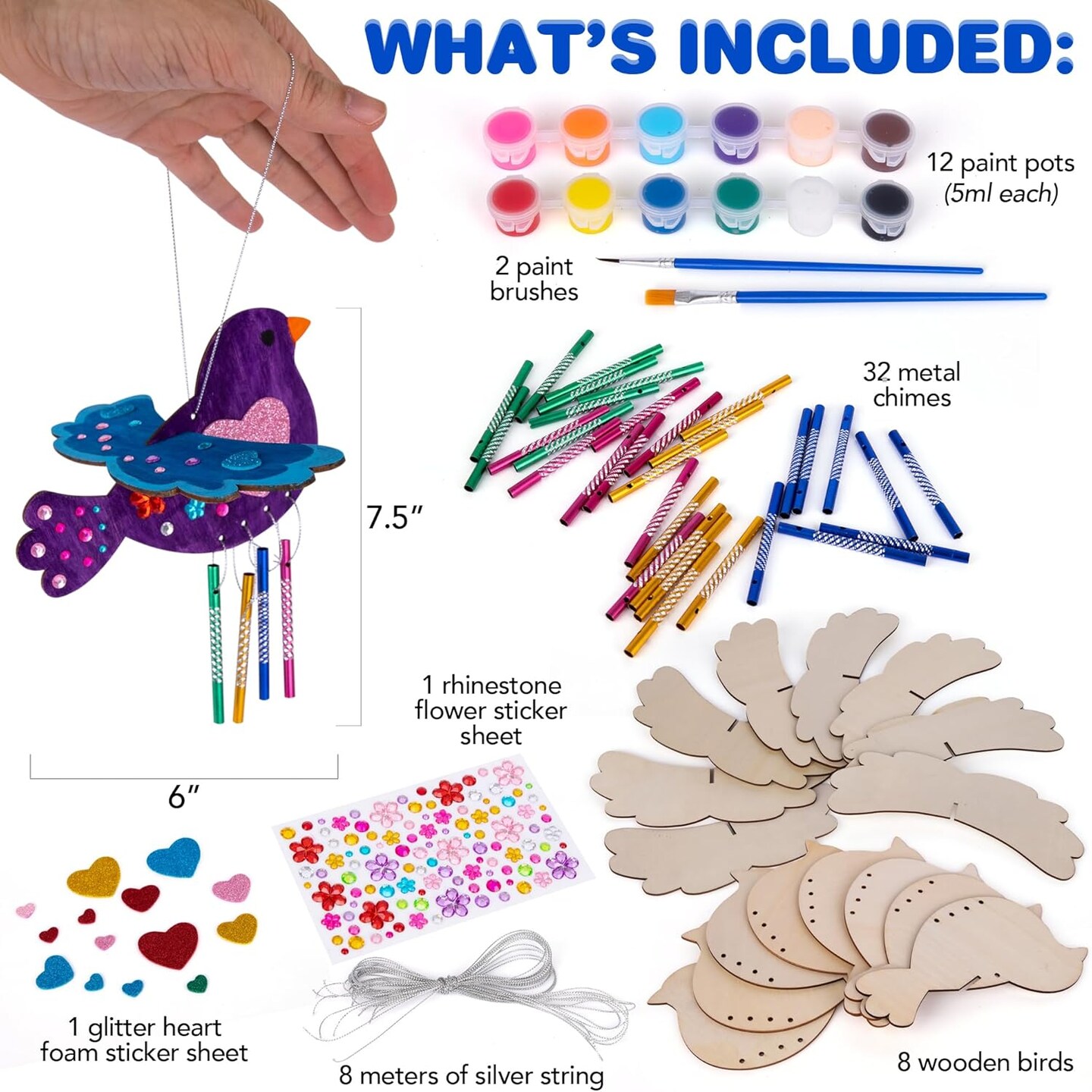 Summer DIY Wind Chime Kit for Kids - 8 Pack - Wooden Wind Chime Set with Paint Kit, Rhinestone Flower Stickers, Glitter Heart Foam Stickers, and More - Summer Arts and Crafts