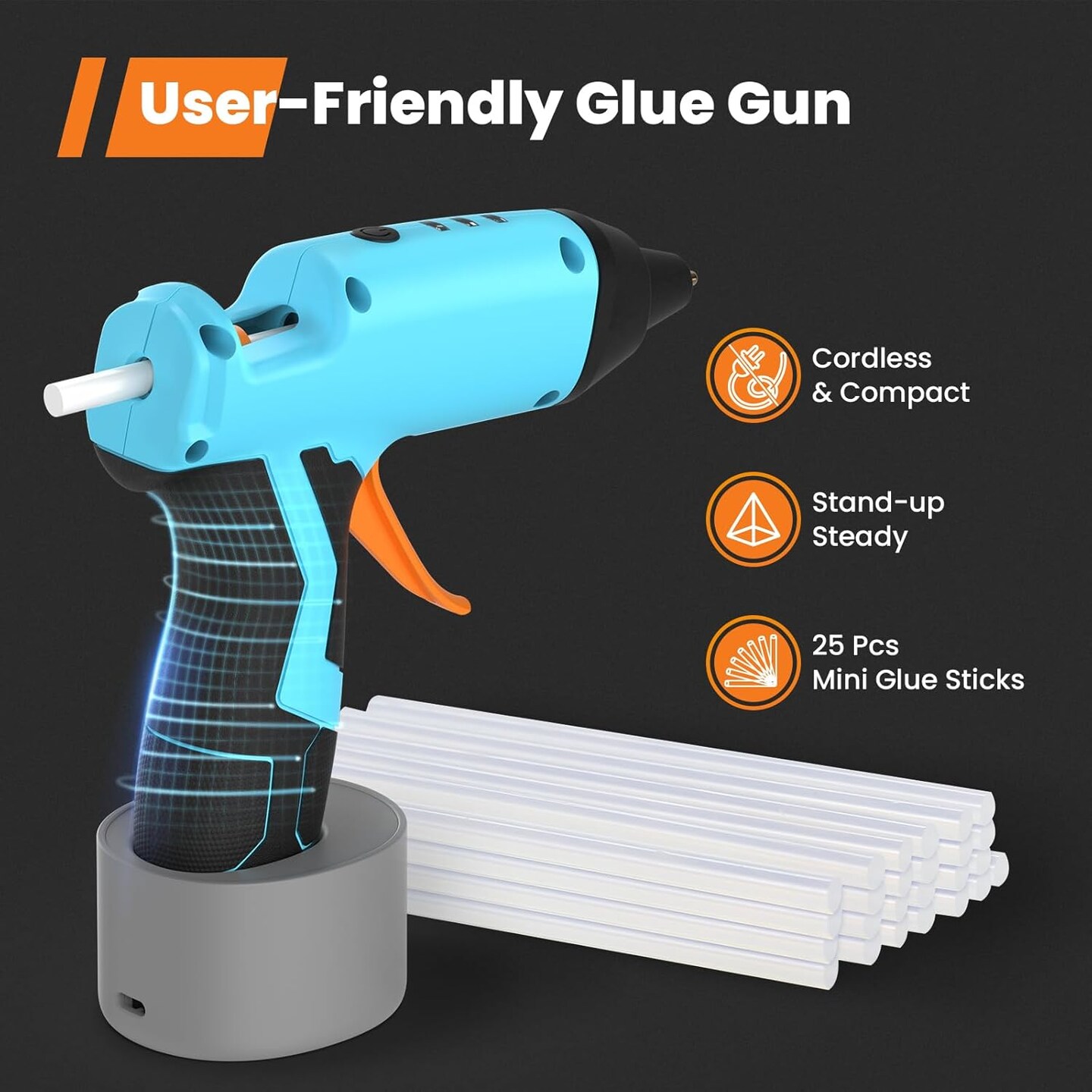 Cordless Hot Glue Gun, 15s Fast Preheating with 2Ah Built-in Battery Hot Melt Glue Gun, Smart Power-Off, Kit with 25 Pcs Premium Mini Glue Sticks and USB-C Charging Port