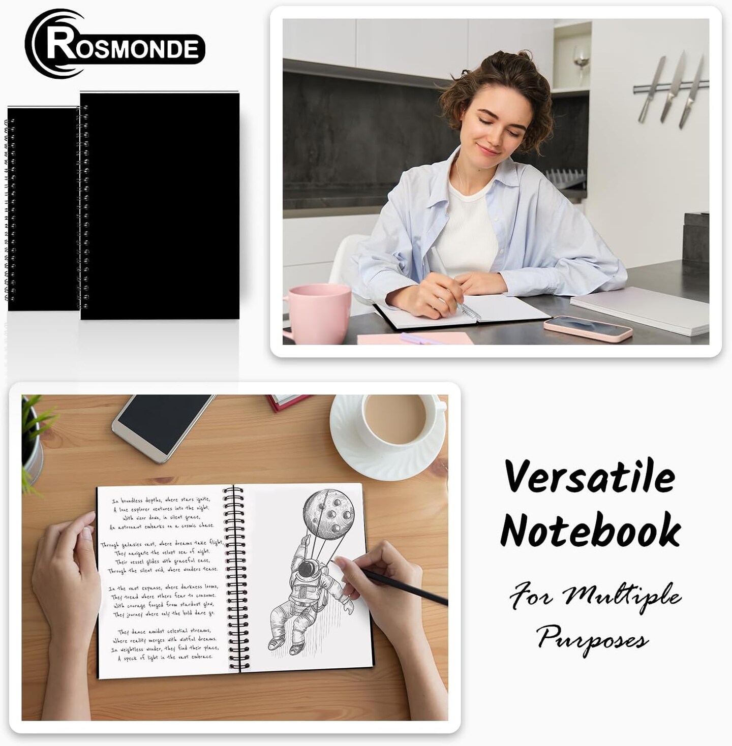 Unlined Spiral Notebook, 6 Pack, 8.3 x 5.8&#x22;, 120 Pages (60 Sheets), Thick Black Water Resistant Cover, Thick No-Bleed 100 GSM Blank Paper, A5 Unlined Notebook, Travel Journal, Small Blank Sketchbook