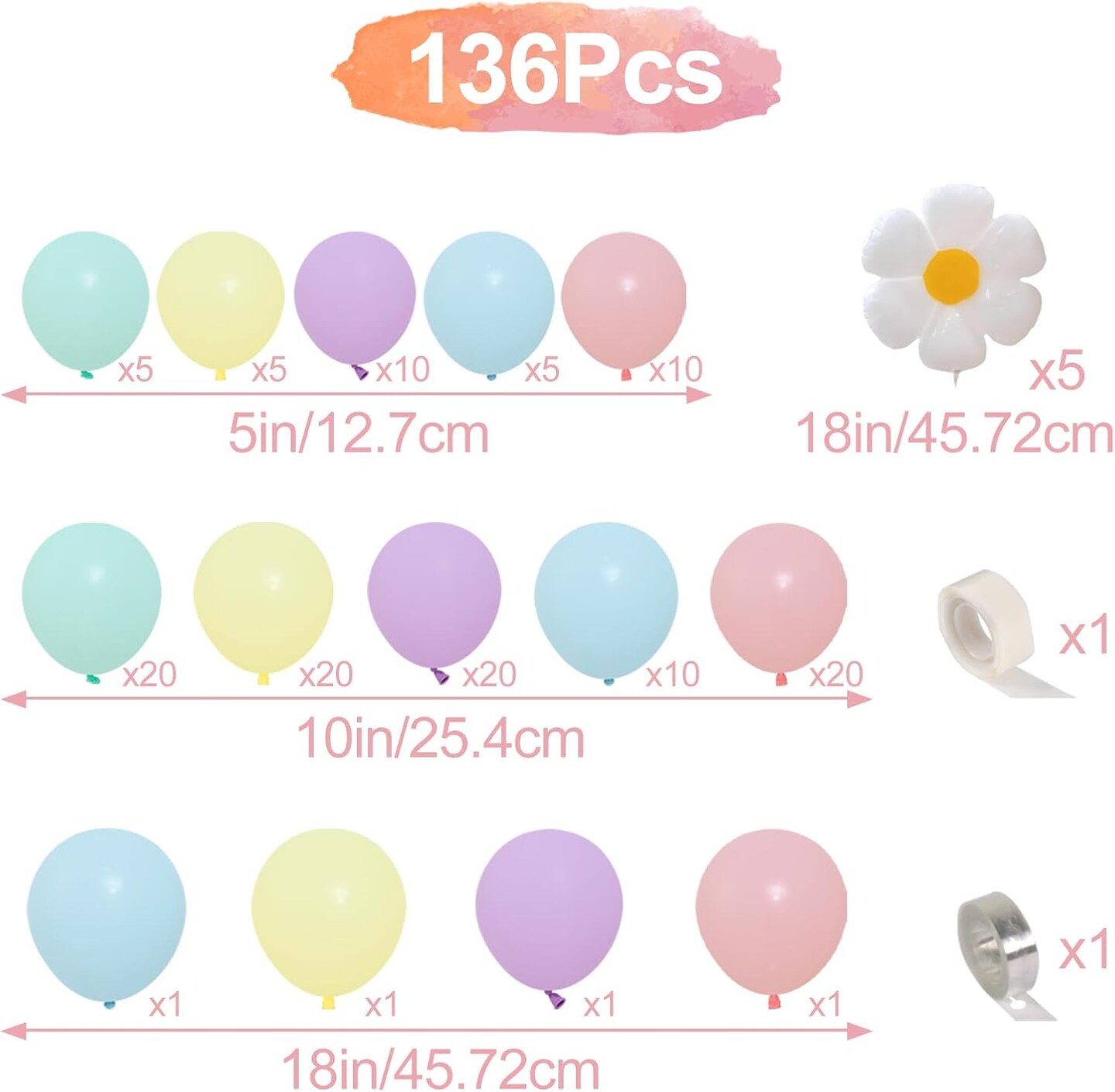 Daisy Balloon Arch Garland Kit - 136Pcs Pastel Rainbow Balloon Arch Kit - Birthday Balloons, White Groovy Flower Macaron Pink Yellow Blue Purple Balloons for First Birthday Wedding Party Decorations