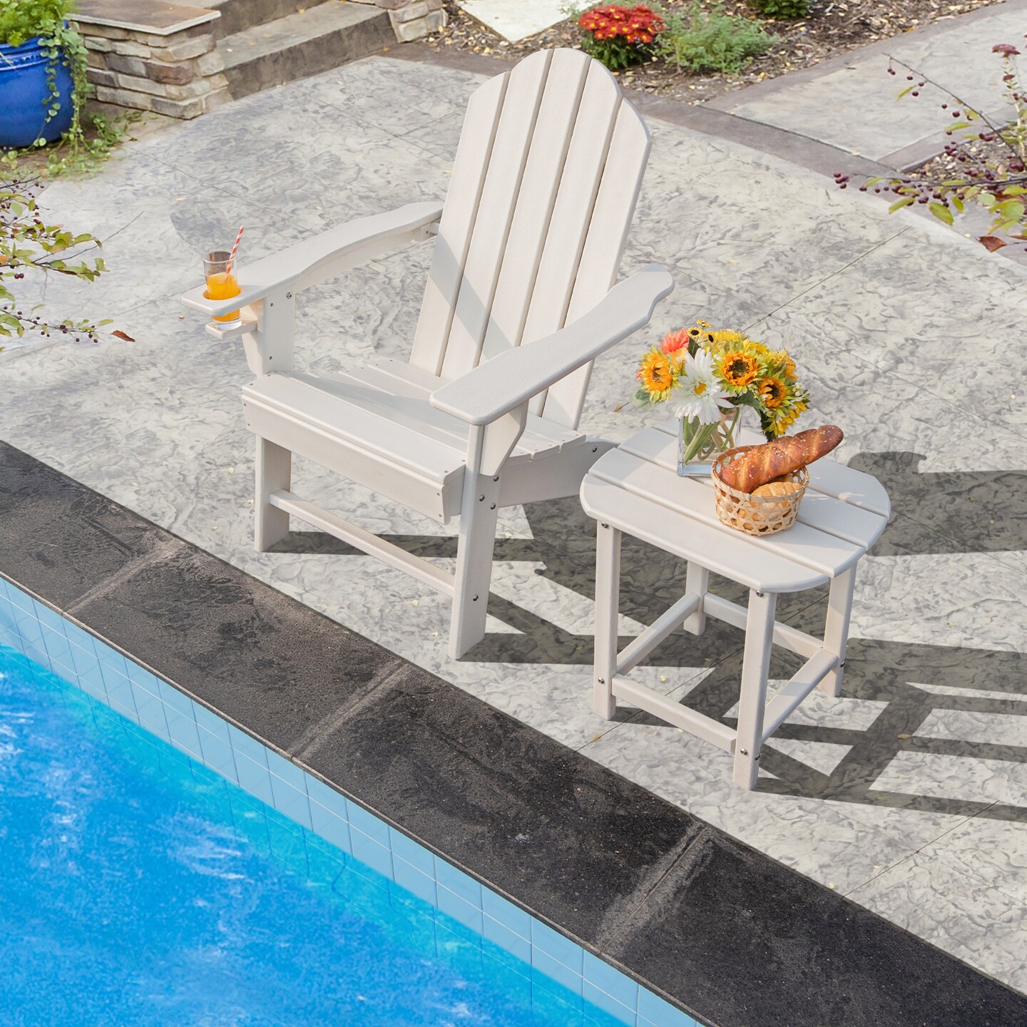 White HDPE Adirondack Outdoor Patio Side Table Set of 2 with Folding Design