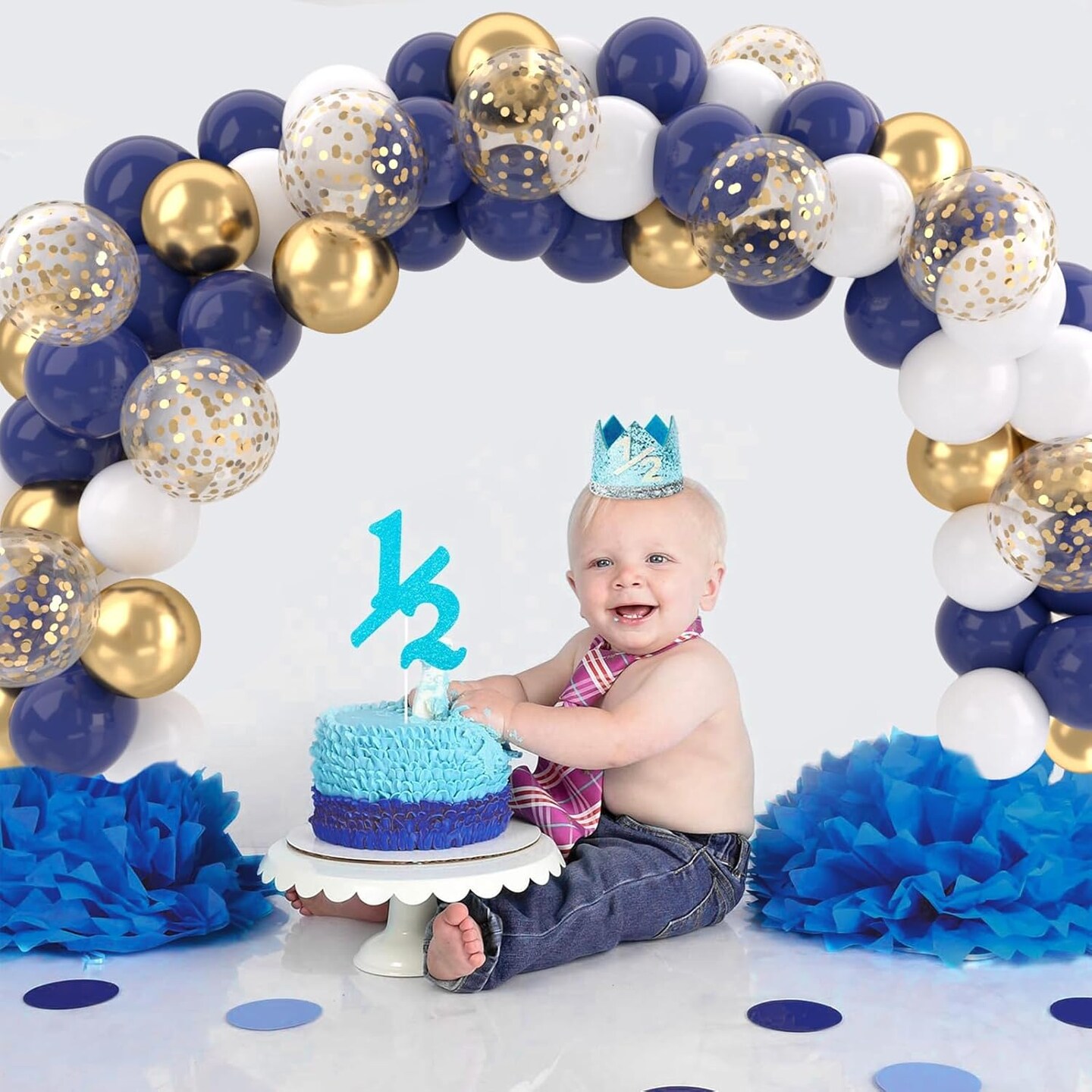 Navy Blue Gold Balloons Set, 50 pcs 12 inch Metallic Gold Navy Blue White Confetti Latex Balloons Kit