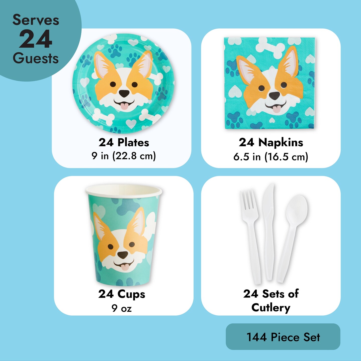 144 Piece Corgi Party Supplies, Dog Birthday Decorations with Paper Plates, Napkins, Cups, and Cutlery (Serves 24)