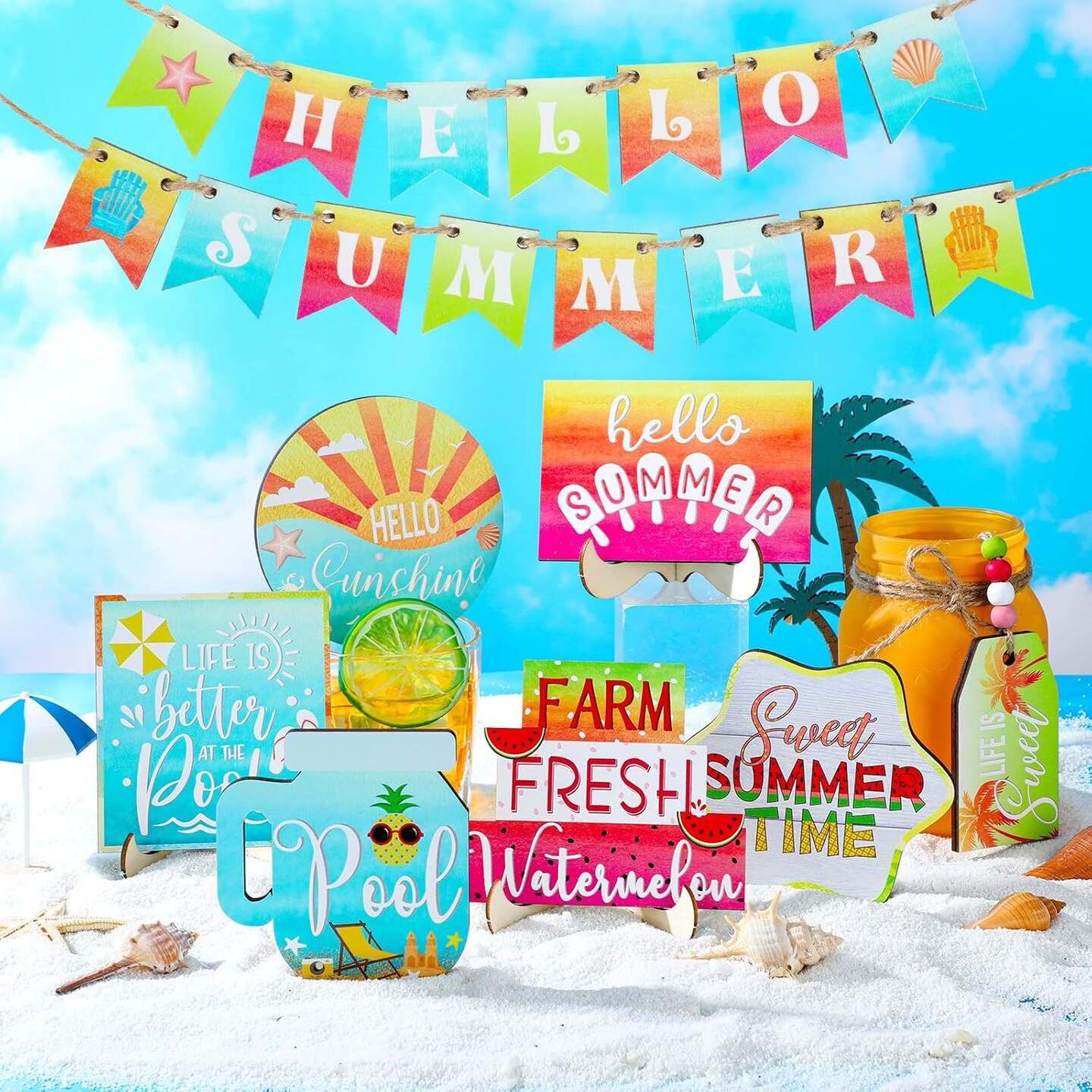 22 Pieces Summer Tabletop Decor Hawaiian Wooden Plaque for Shelf Kitchen