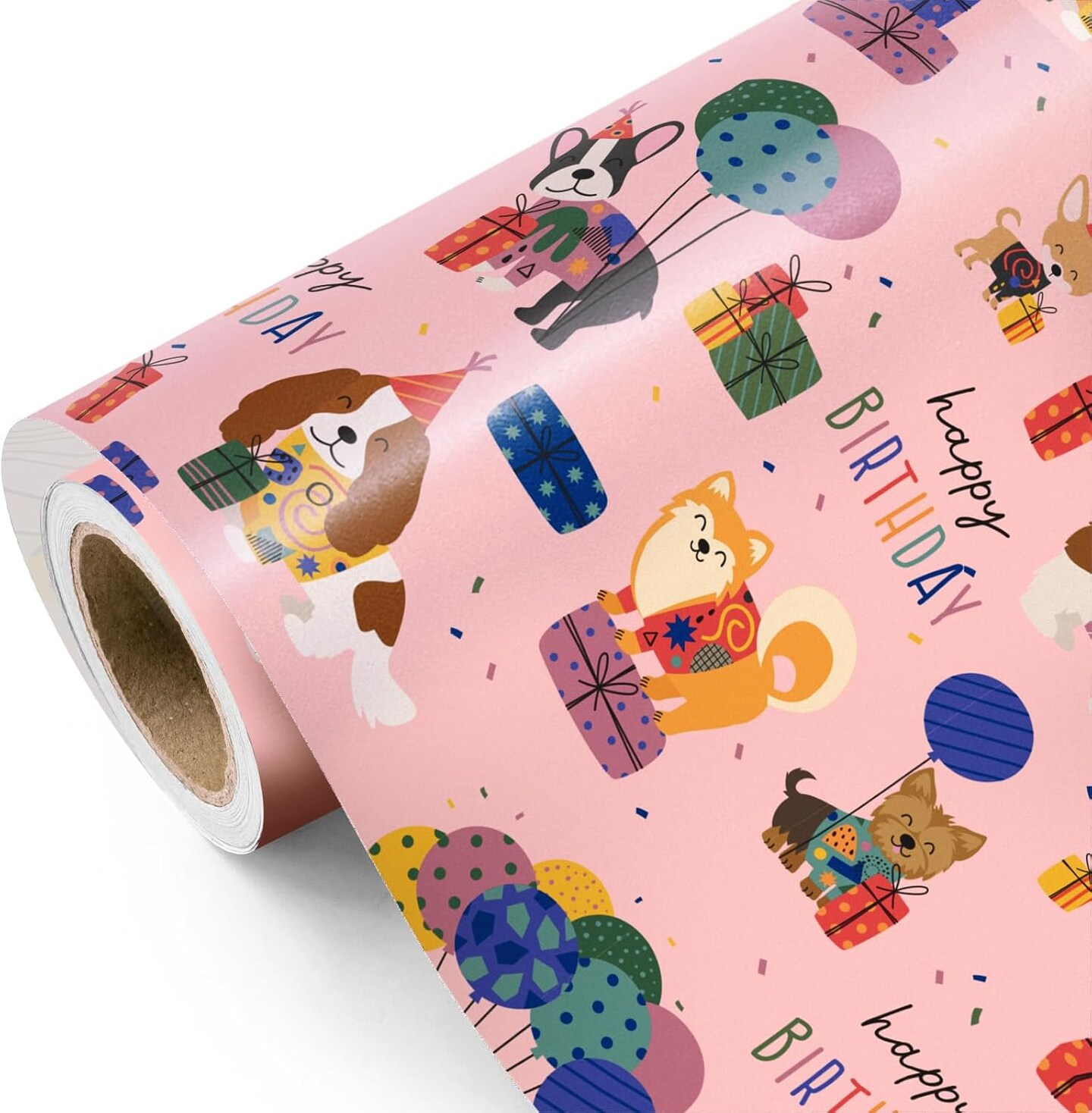 Dog Birthday Wrapping Paper Roll - Mini Roll - 17 Inch x 9.8 Feet - Pink Puppy Dog, Perfect for Party, Holiday