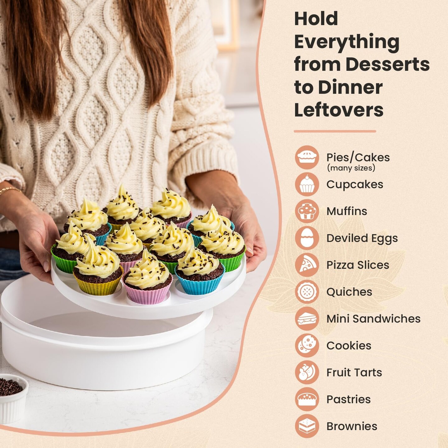 Premium 4 in 1 Cupcake Carrier with Lid - Cupcake, Deviled Egg, Pie &#x26; Cake Container - Includes Pie Crust Shield &#x26; 12 Silicone Baking Cups