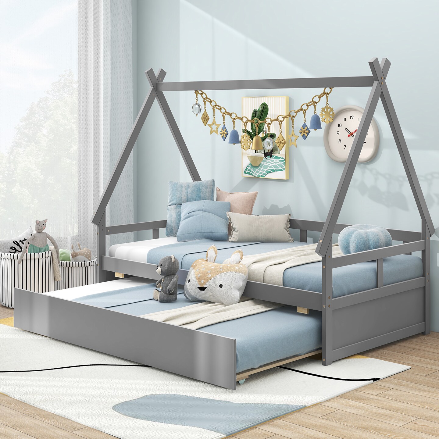 Twin Size House Frame Bed with Trundle, Wooden Construction and Creative Design