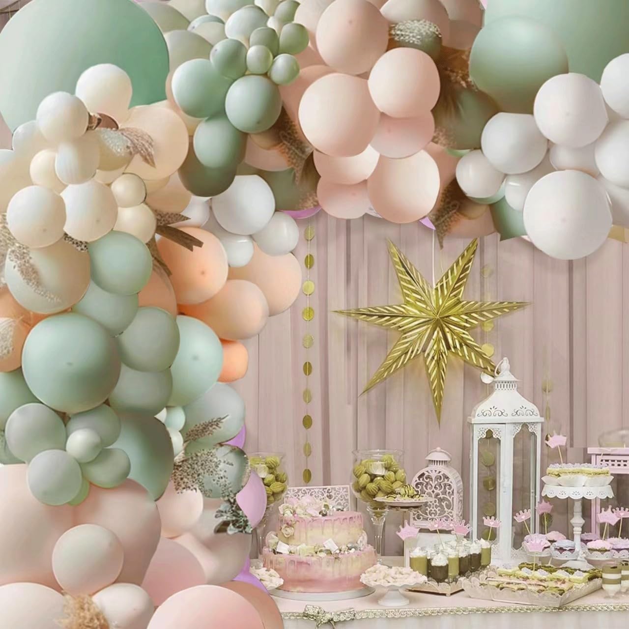 Dusty Green Pink Balloon Garland Arch Kit,Green Blush Peach White Nude Balloons Spring Balloon Arch kit for Baby Shower Birthday Tea Party Fairy Party Gender Reveal Decorations