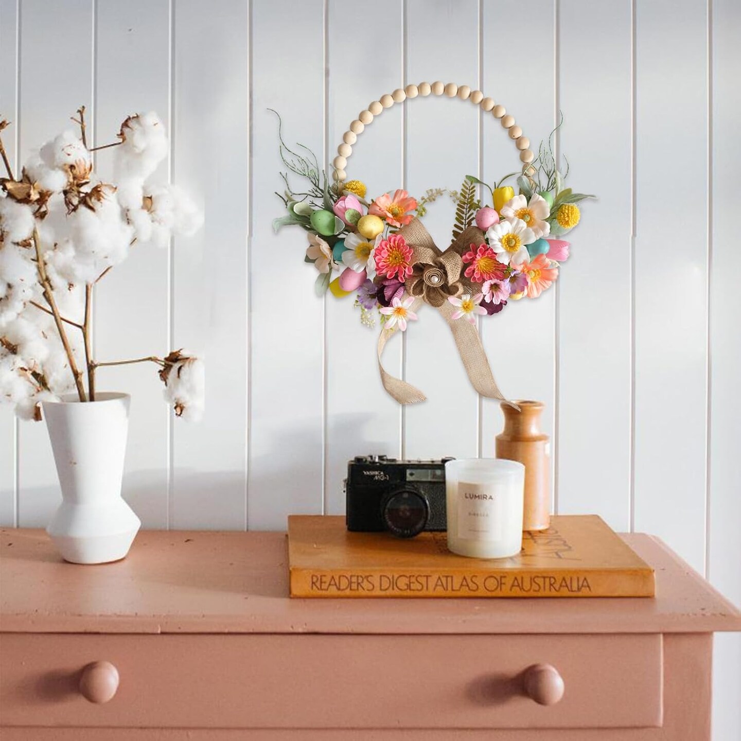 Summer Artificial Wreath 16 Inch Wooden Beads Wreaths for Front Door Summer Wreath with Colorful Silk Flowers Eggs Flax Bow for Home Indoor Window Wall Farmhouse Outside Decor
