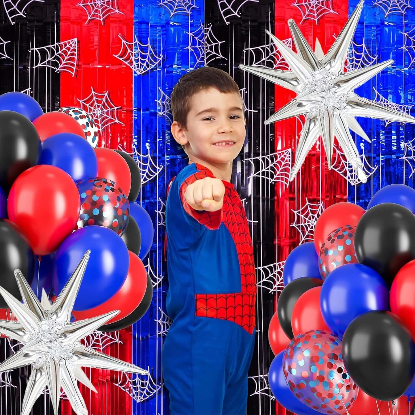 Red Blue Black Balloon Set, Spider Themed Balloons with Silver Boom Star, 12 Inch Latex Balloon with Red Blue Confetti Balloons for Boys Birthday Party Decoration