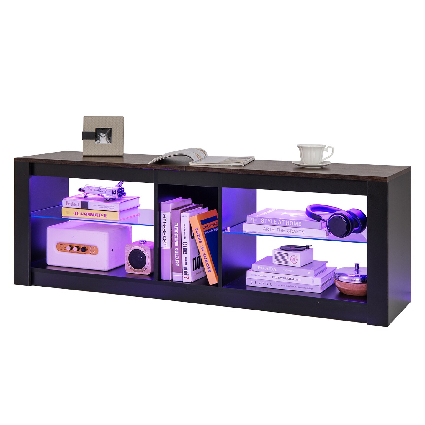 LED TV Stand with Adjustable Glass Shelves, Storage and Remote Control Lighting