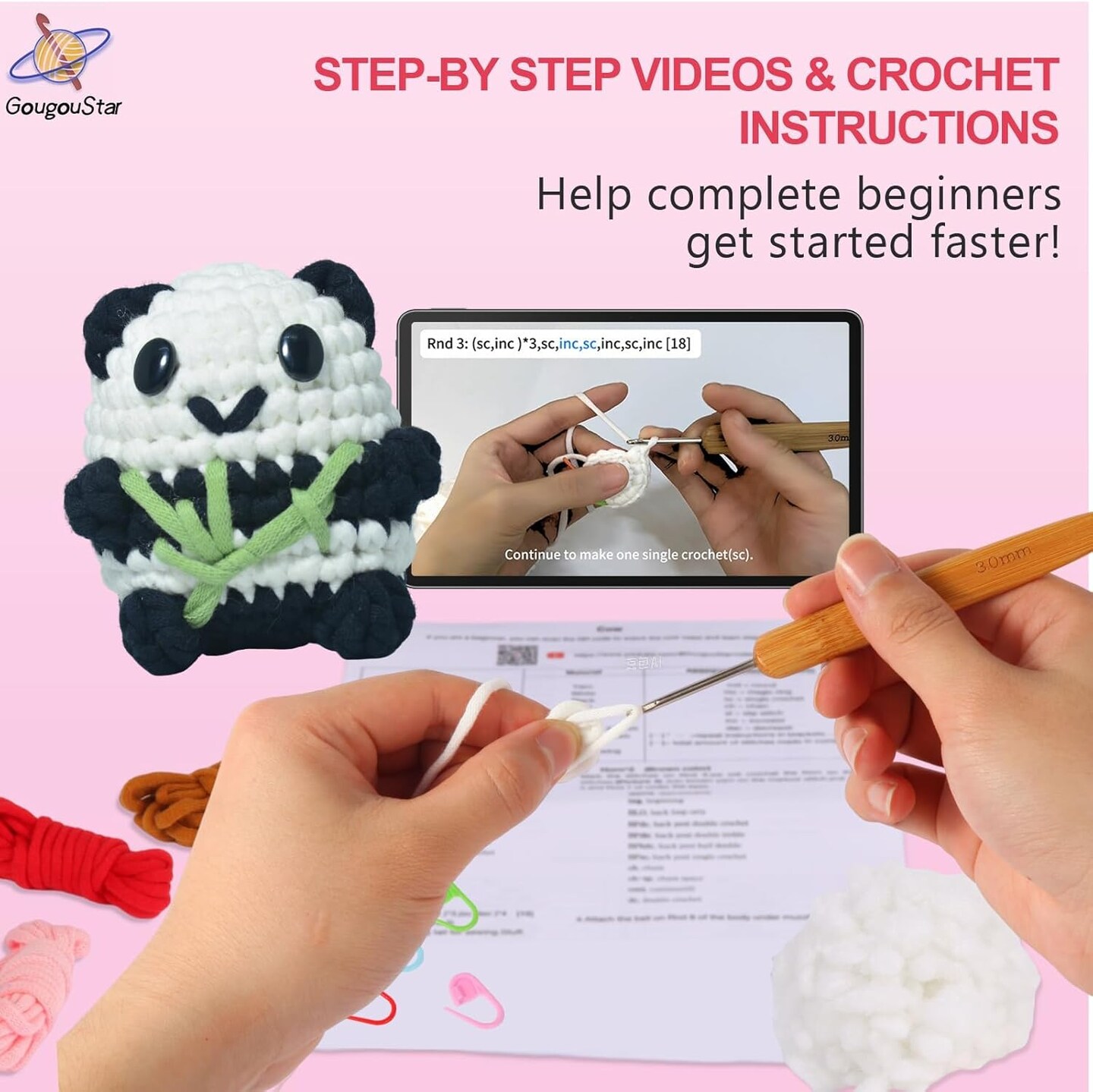 Crochet Kit for Beginners - Amigurumi Animal Panda Crochet Kits - Knitting Kit with Step-by-Step Video Tutorials and Crochet Accessories - Beginner Crochet Kit for Adults, Kids (Black)