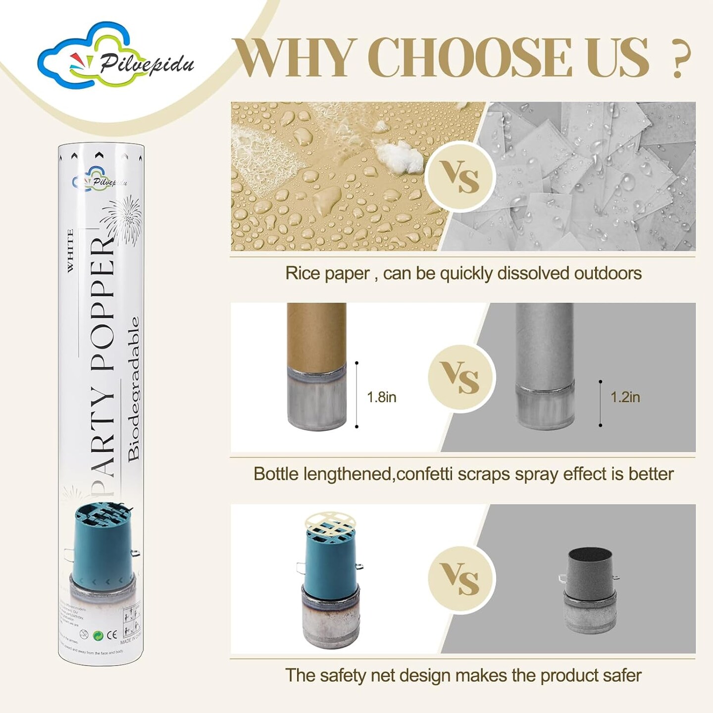 6PCS White Biodegradable Confetti Cannons – Air-Powered Party Poppers for Weddings & Birthdays