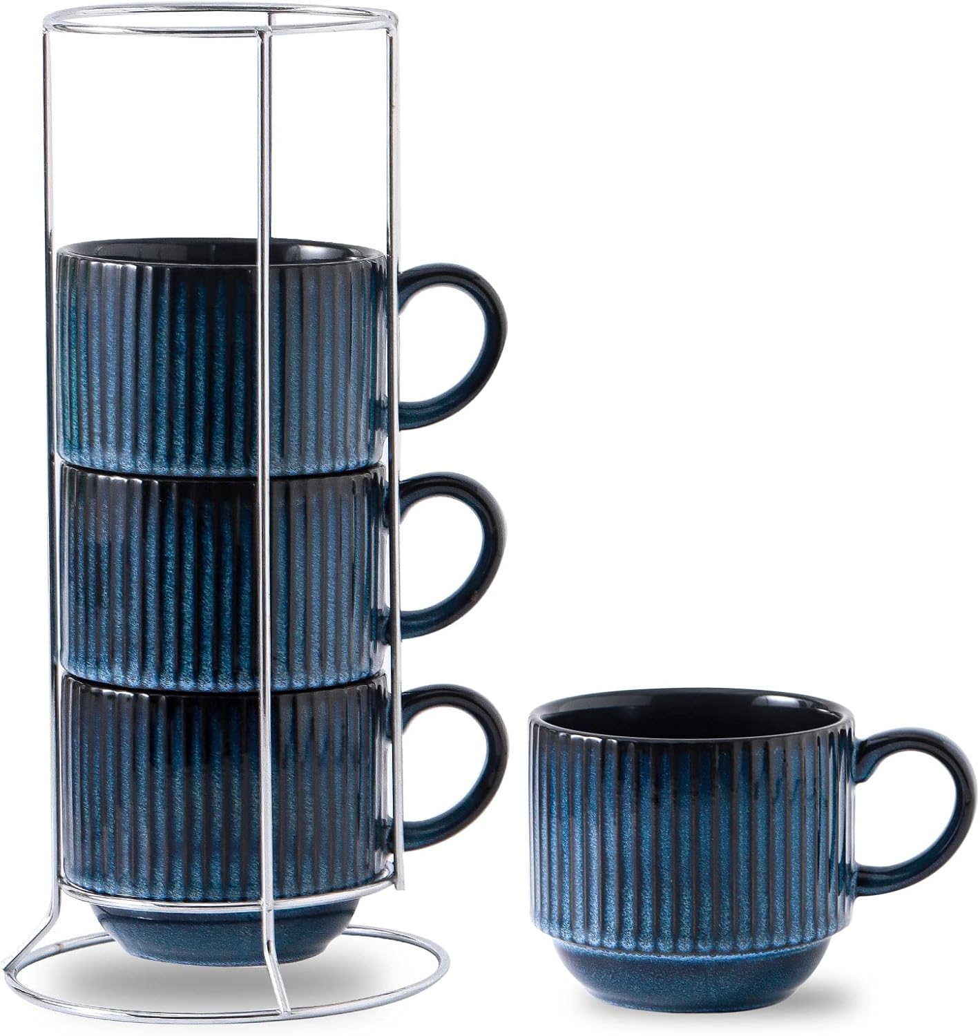 Large Coffee Mug Set of 4, 15oz Stackable Ceramic Ribbed Cups, Navy
