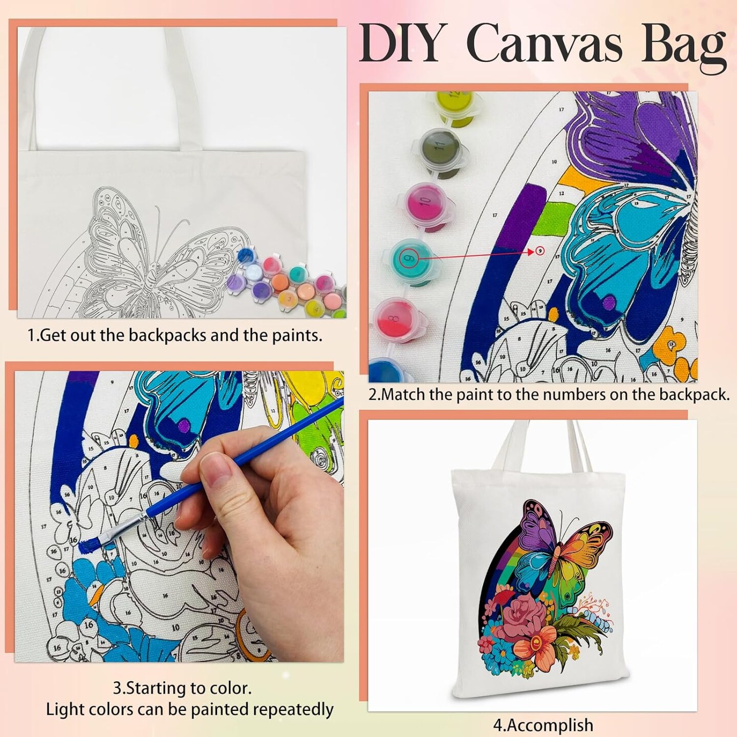 Paint by Numbers Tote Bag, Paint by Number Butterfly on Canvas, DIY Flower Canvas Bag for School Student Painted with Acrylic Paints 13.38x15.74 Inch