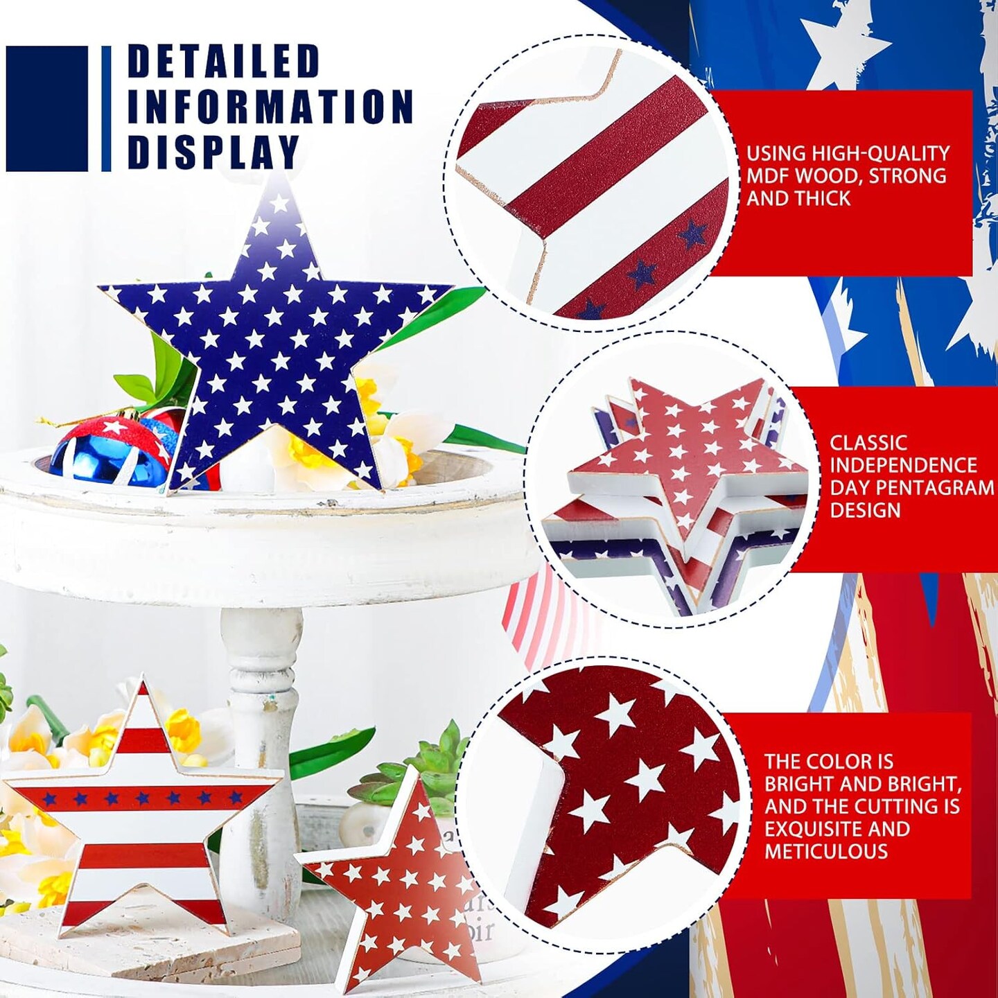 3pcs 4th of July patriotic wooden star centerpiece for table decor.
