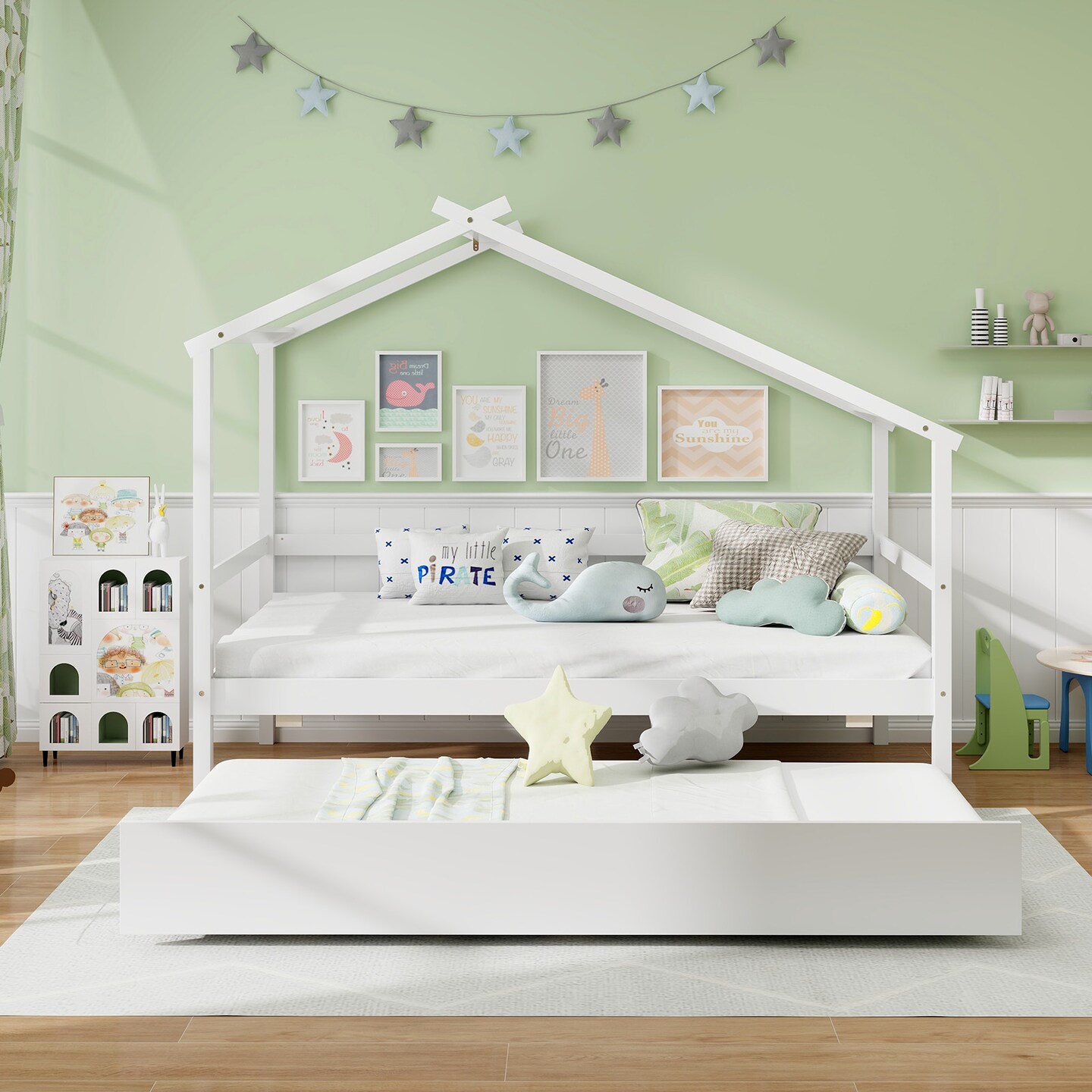 Pine Wood Twin Size House Bed with Trundle, DIY Roof, Slat Support and Safe Design