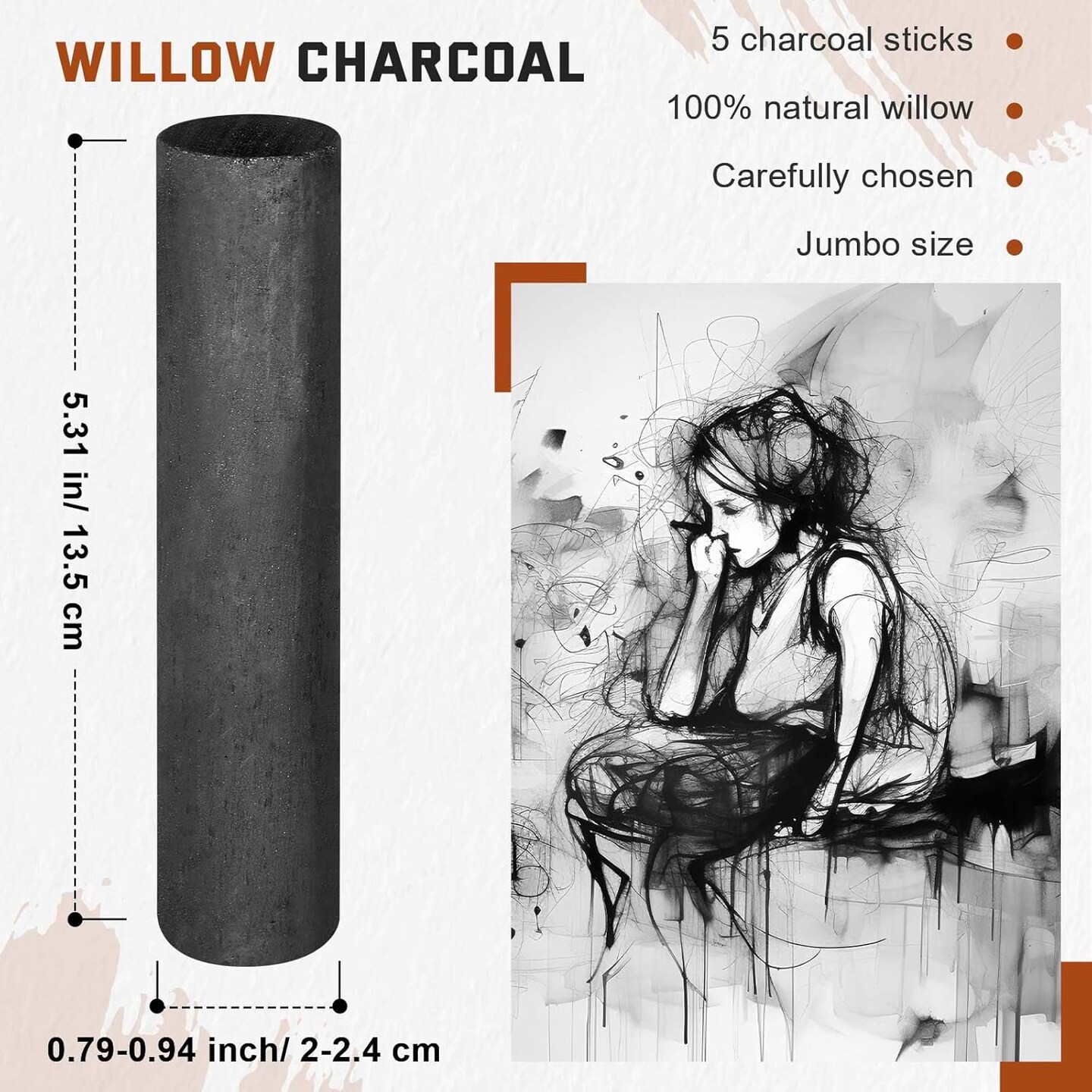 5 Pcs Jumbo Willow Charcoal Sticks 0.79-0.94 Inch Large Soft Willow Charcoal Chunky Drawing for Sketching Artist Supplies, Black