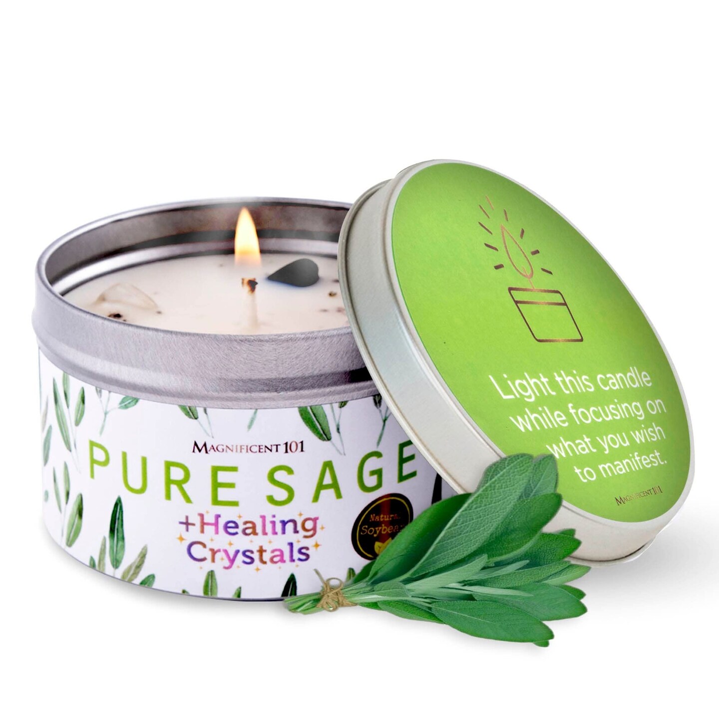 Magnificent 101 Long-Lasting Healing Crystals Candle | 6 Oz - 35-Hour Burn | All Natural Soy Wax, Rose Quartz, Amethyst, Moonstone &#x26; Black Tourmaline | House Energy Cleansing &#x26; Manifestation
