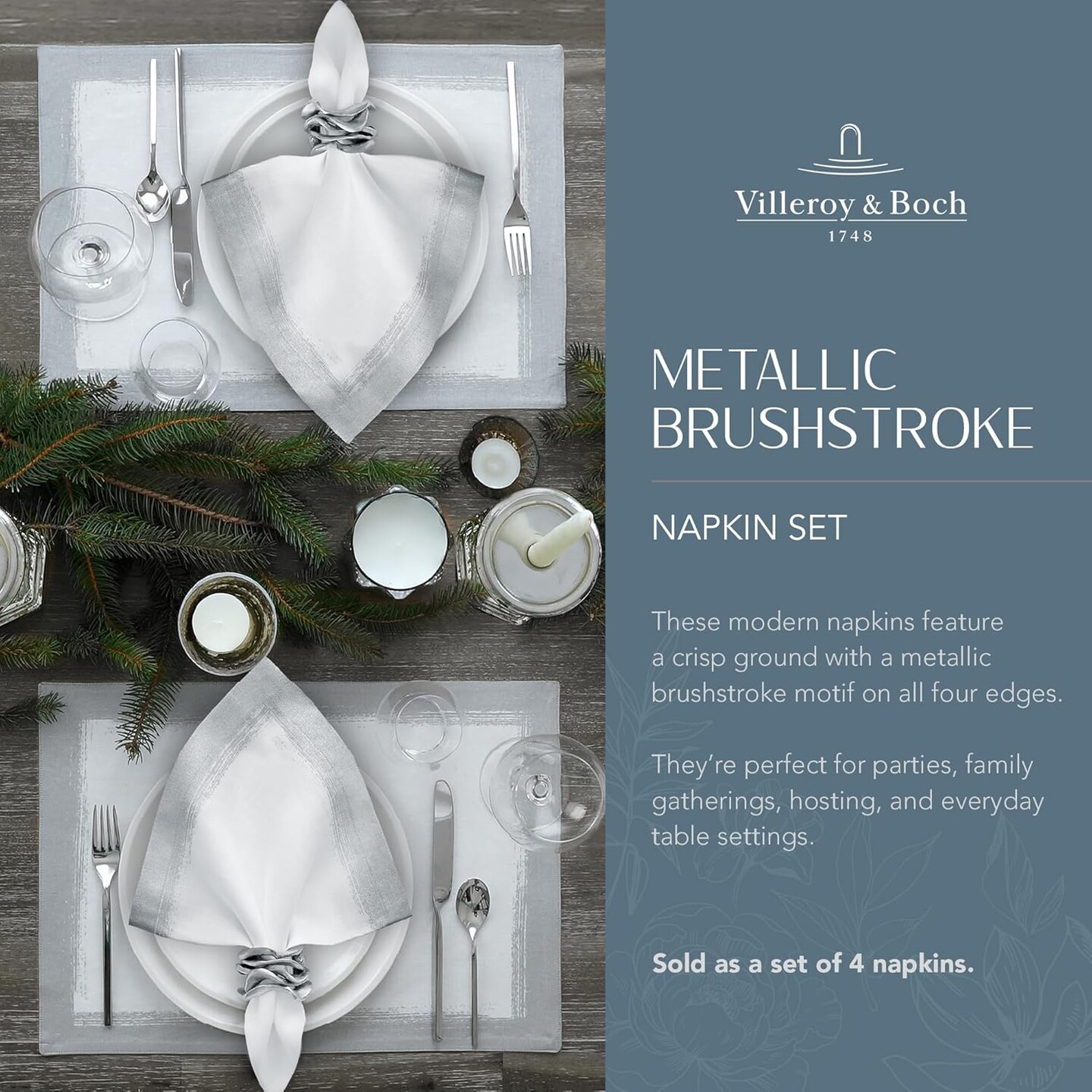 Linen Metallic Brushstroke Napkins, 21 Inches x 21 Inches, Set of 4, White and Silver