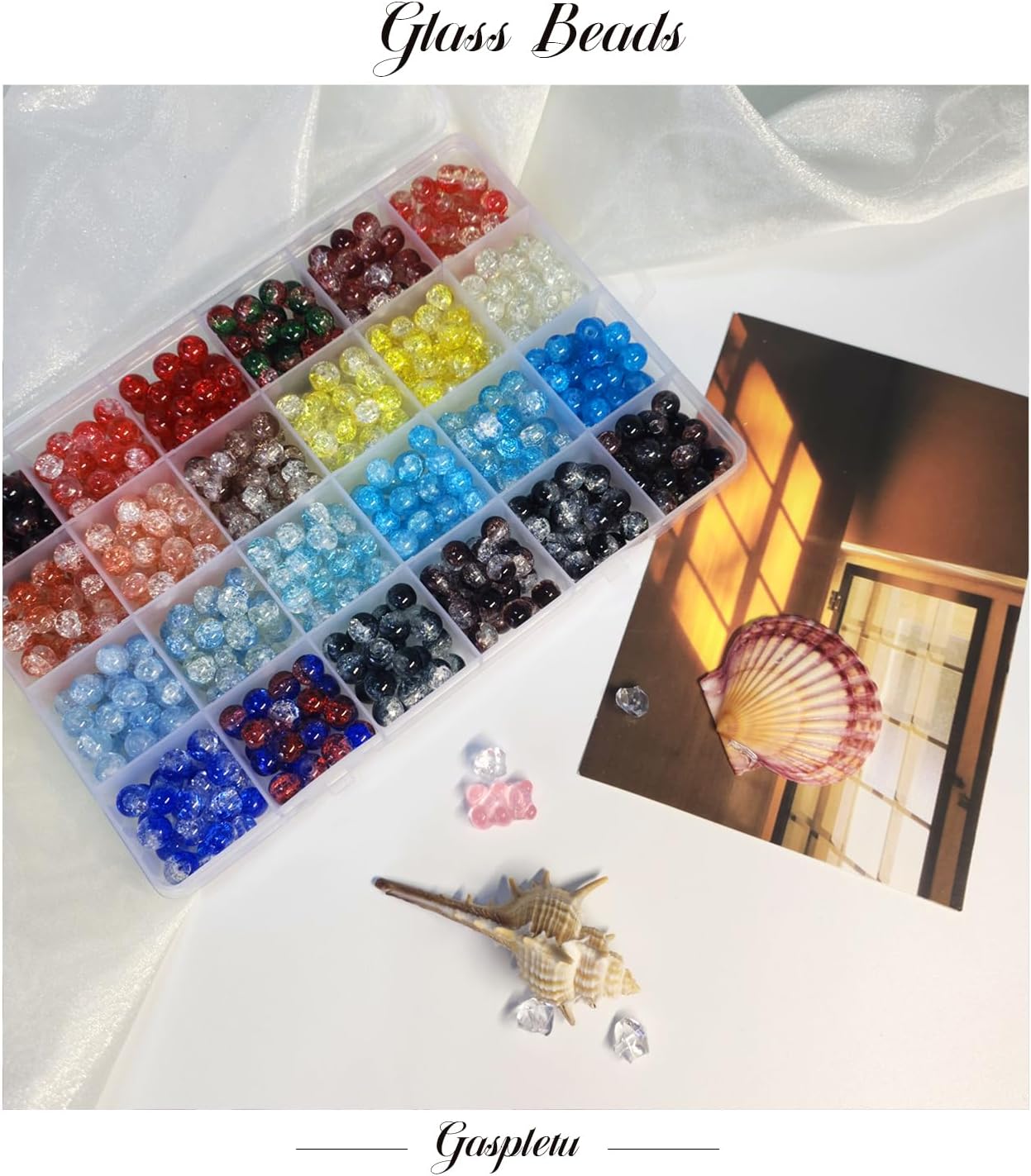2-Pack 1,300+pcs 8mm Round Glass Beads – 48 Colors (Solid & Printed) for Jewelry Making, DIY Bracelets, Crafts, and Beginners, Includes 2 Storage Boxes