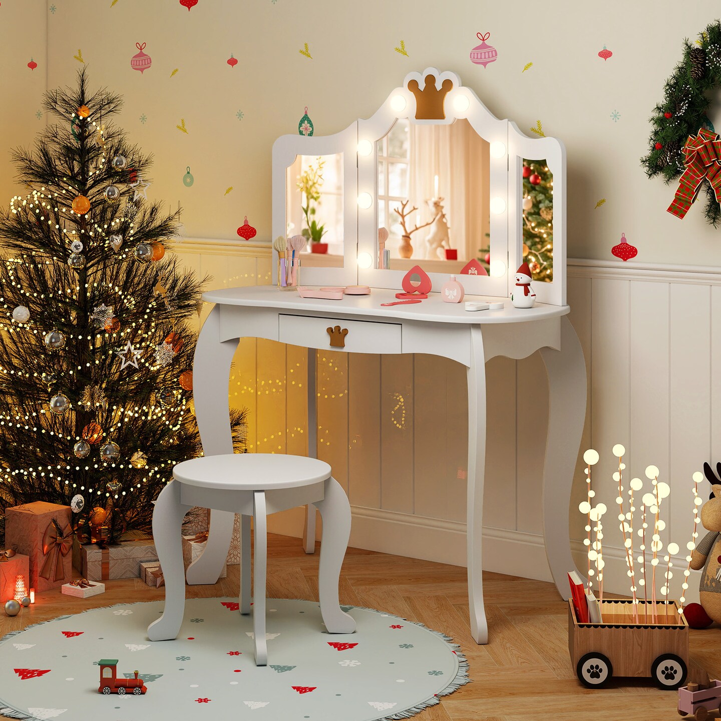 MDF and Acrylic Kids Vanity Set with Tri-Fold Mirror, LED Lights and Storage