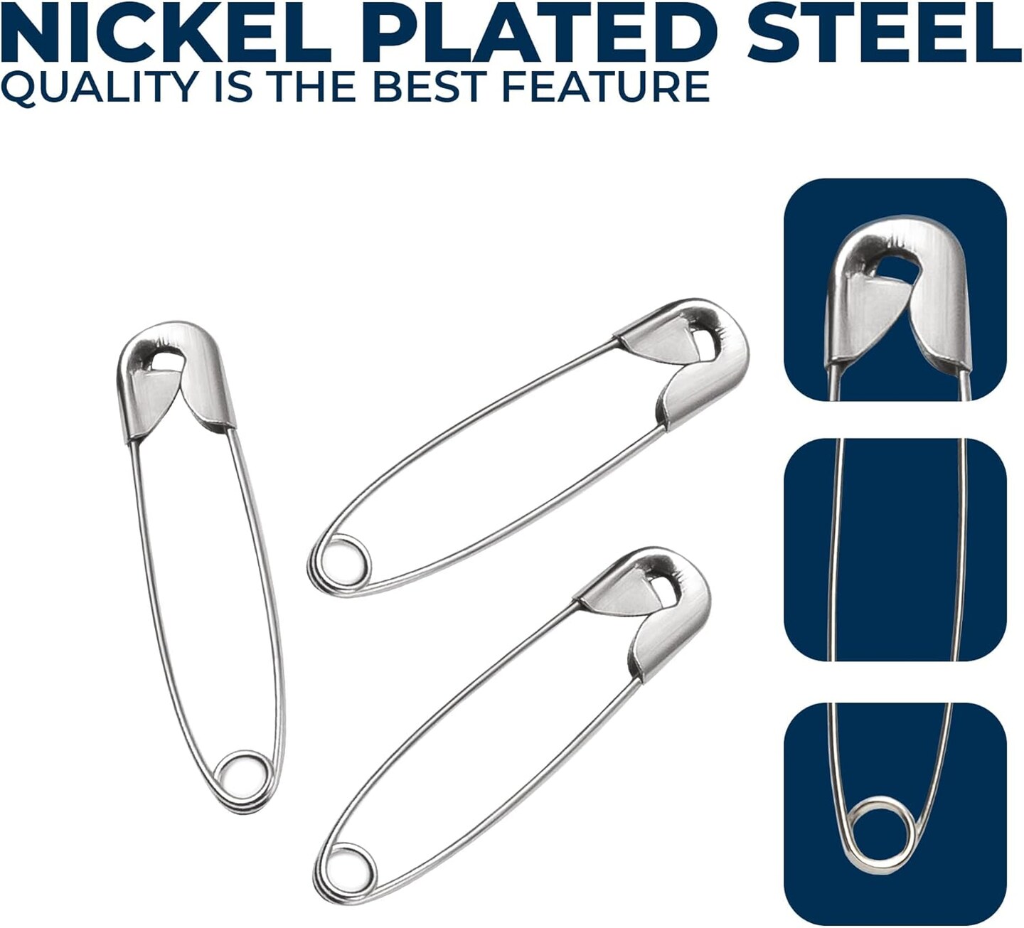 250PCS Safety Pins – 4 Assorted Sizes, Rust-Resistant Nickel Plated Steel for Sewing & Crafts
