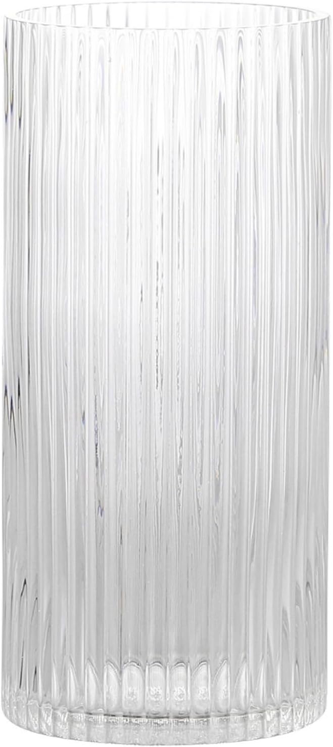 Clear Glass Vase, Glass Flower Vase, Ribbed Glass Vase, Clear Vase, Tall Cylinder Glass Vases for Centerpieces, Living Room, Dining Table, Office, Wedding, Bookshelf Decoration, 9.8 Inches