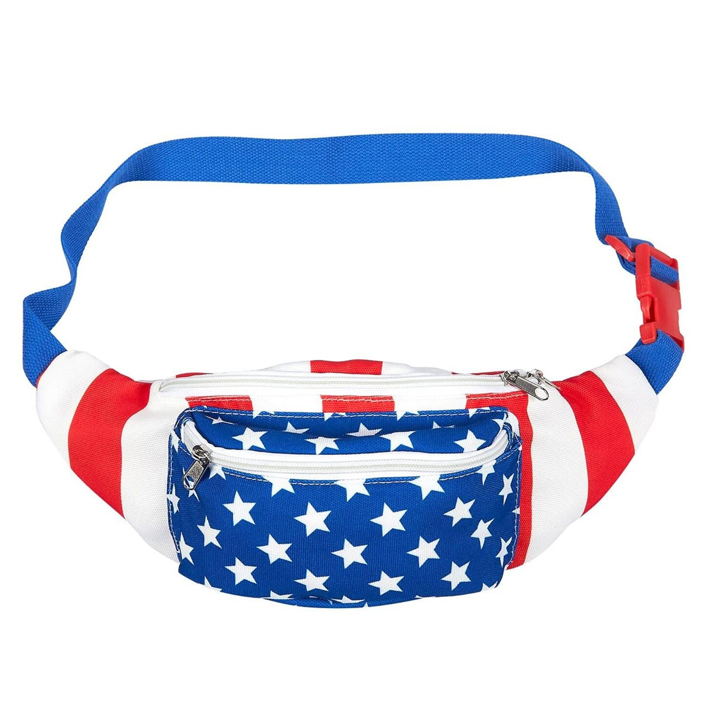 Juvale American Flag Fanny Pack for Women and Men, USA Patriotic Belt Bag with Adjustable Waist Belt Straps, 4th of July Hip Pack, Party Accessory, Red, White and Blue Stars and Stripes, 15 x 5 x 3 In