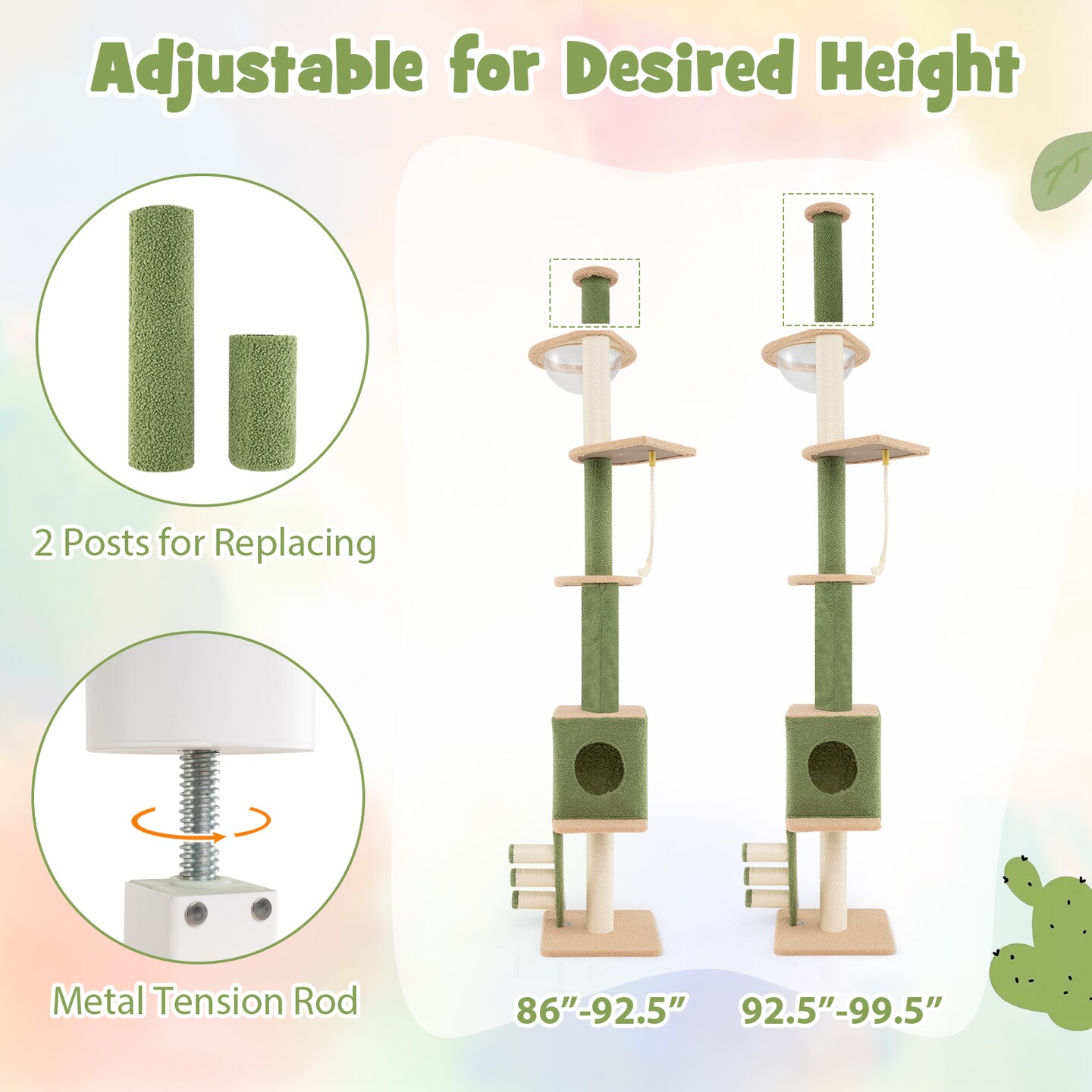 Adjustable Height Floor to Ceiling Cat Tree with 2 Full-Wrapped Sisal Scratching Posts and 3 Step Ladder