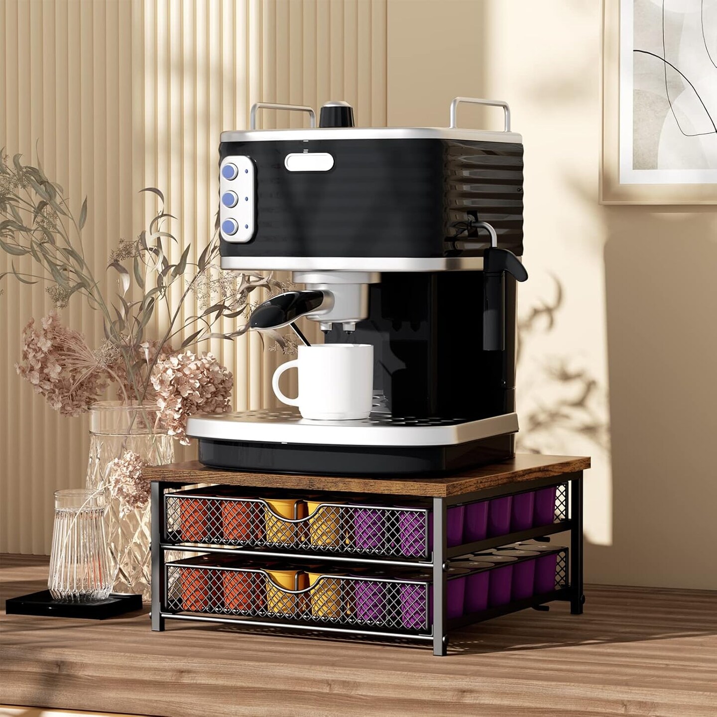 2-Tier Industrial Coffee Pod Storage Drawer Organizer &#x2013; Sturdy Metal &#x26; Wood Construction, 72 K-Cup Capacity, Space-Saving Design for Countertop/Cabinet