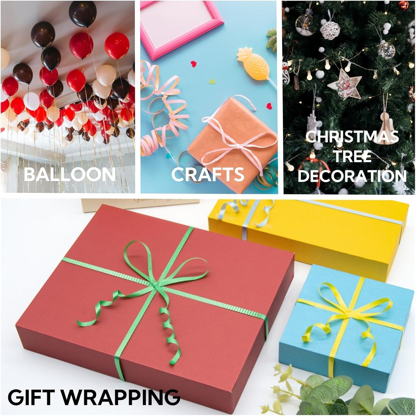 500-yard roll of crimped white curling ribbon (3/16") for gift wrapping, balloon tying, and decorative use, suitable for Christmas, Valentine’s Day, birthdays, weddings, festivals, crafts, and flower bouquets.