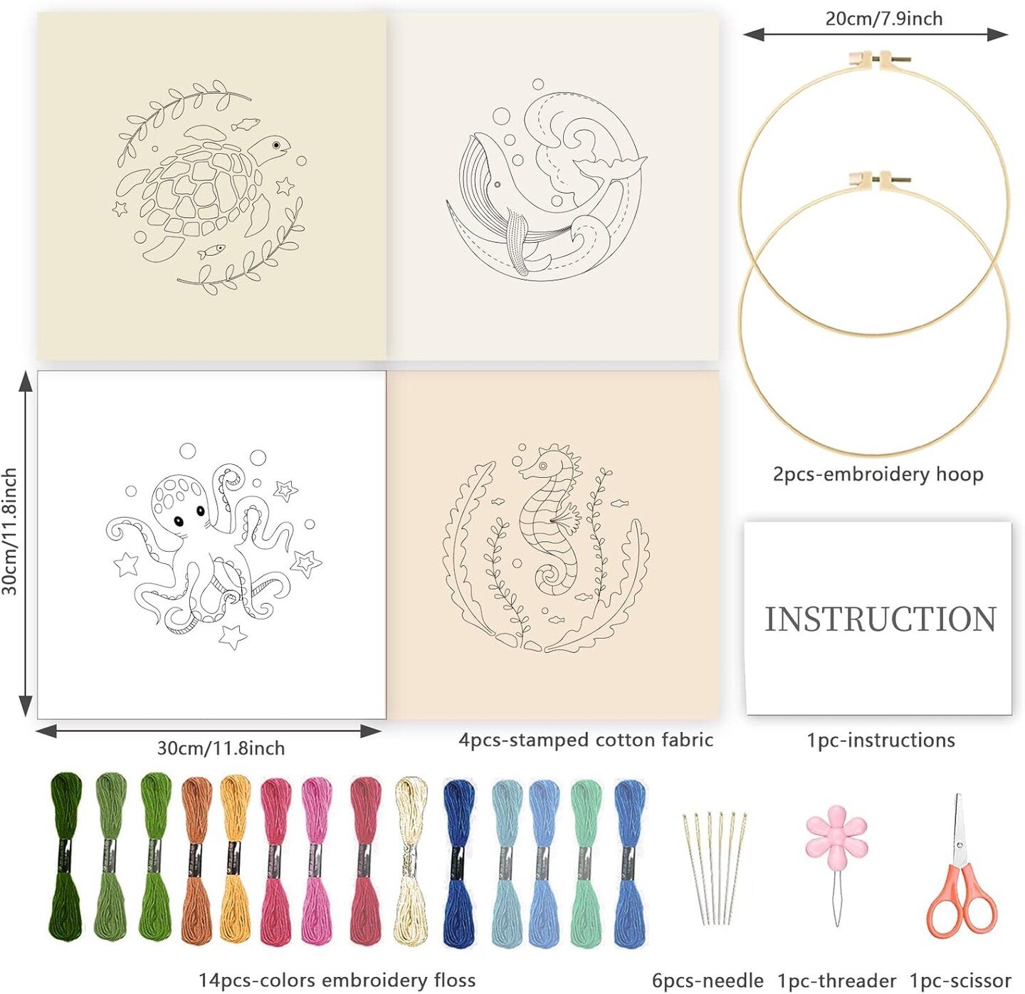 4 Sets Embroidery Kit for Beginners with Sea Animals Pattern DIY Embroidery Kit