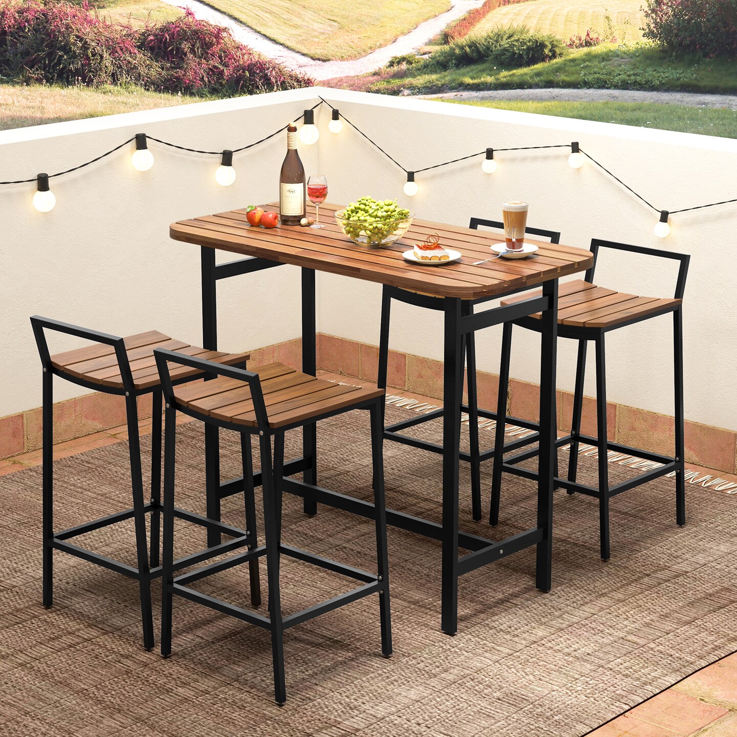 5 Piece Acacia Wood Patio Bistro Set Including Bar Height Table and 4 Chairs with Metal Frame