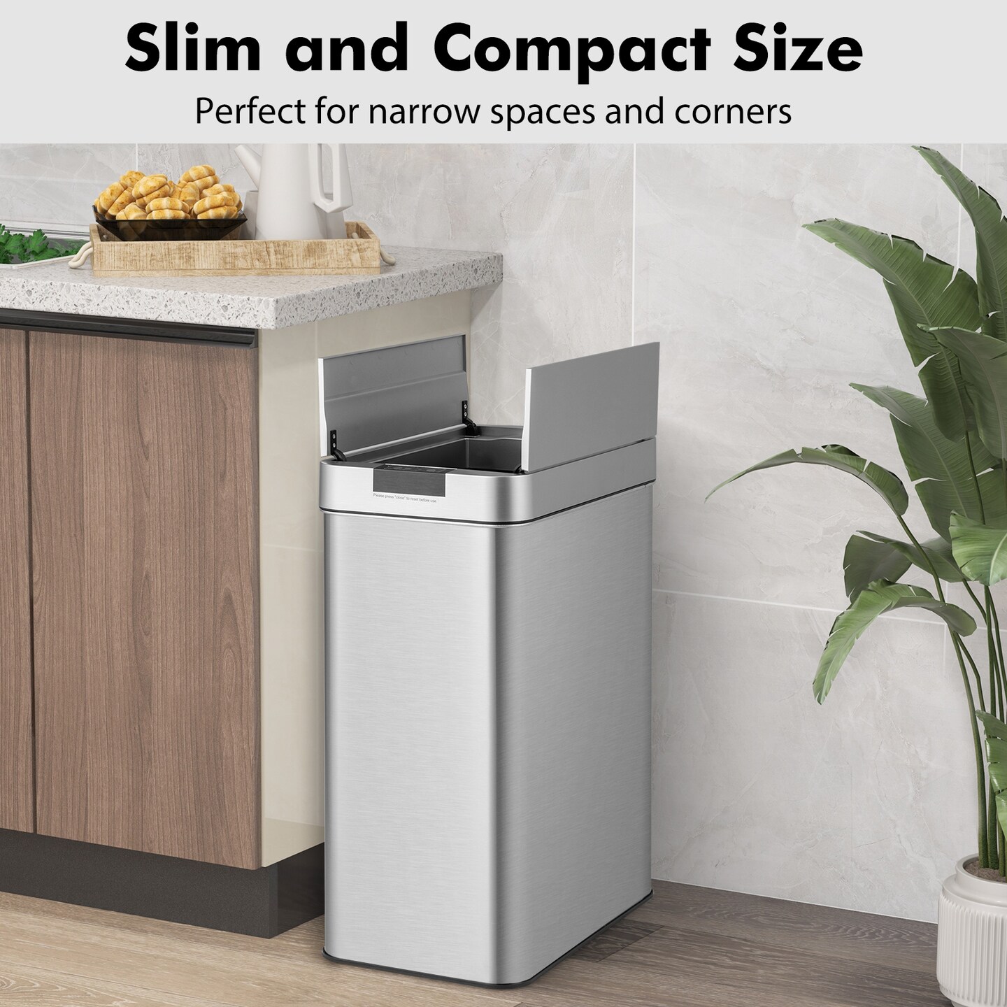 13.2 Gallon Slim Stainless Steel Motion Sensor Trash Can with Wing Lids Perfect for Kitchens or Offices
