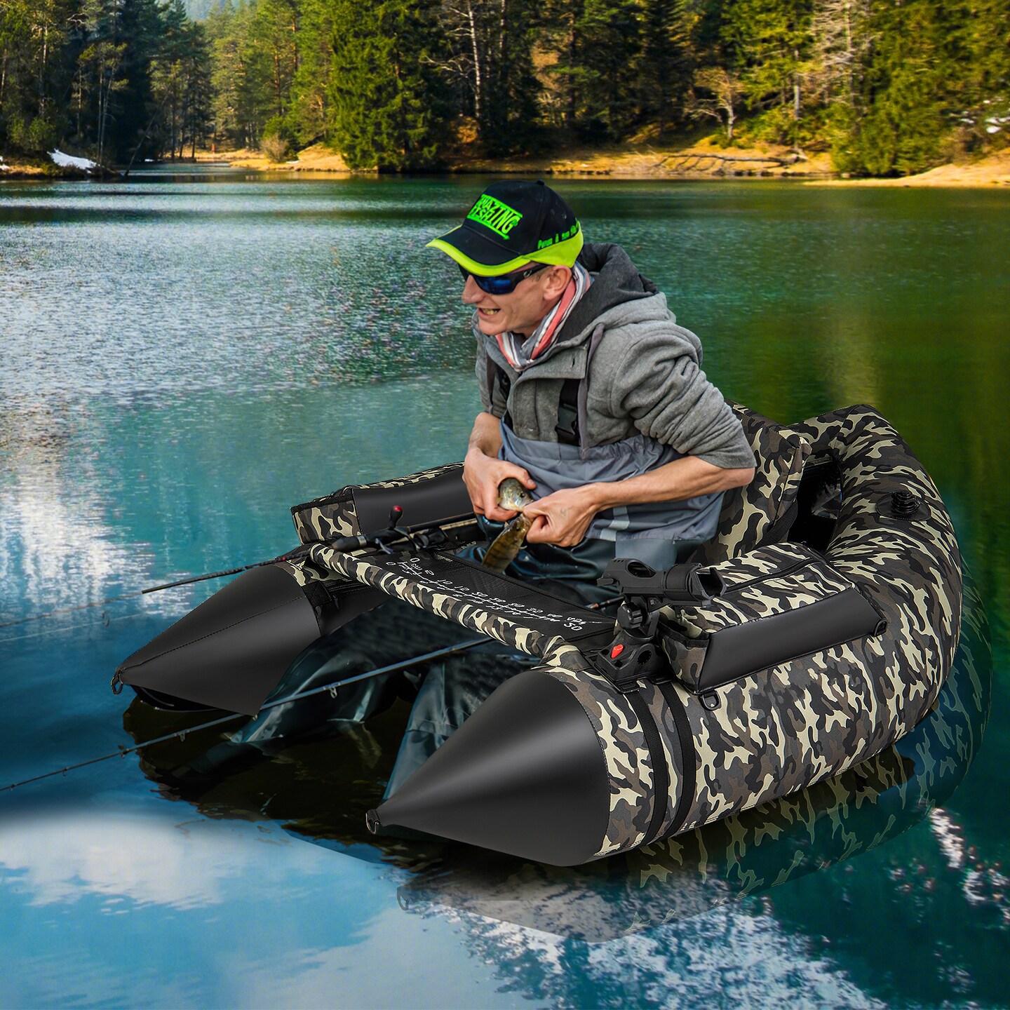 Camouflage Inflatable Fishing Boat with Adjustable Rod Holder and Storage Bags