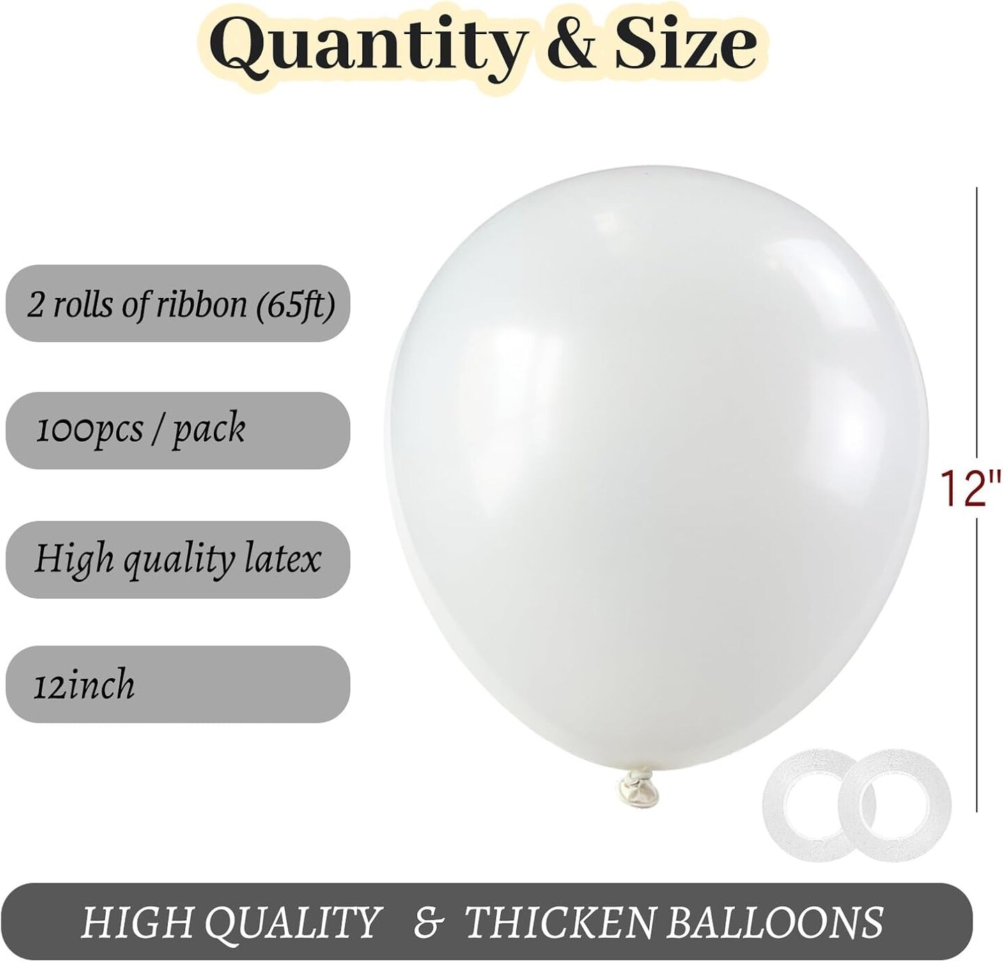 White Balloons 100 Pack 12 Inch White Latex Party Balloons with 2 Rolls of Ribbon Pastel White Helium Balloons for Wedding Birthday Party Baby Shower Engagement Anniversary Party Decorations