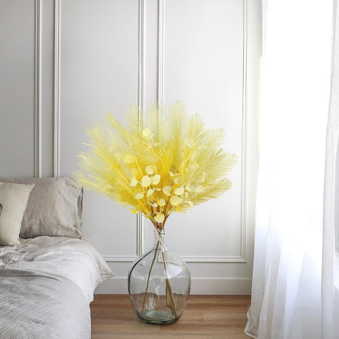 28" Faux Pampas Grass Plume Yellow Faux Fluffy Pampas Grass Bulk Silk Flowers with Eucalyptus Stems Filler for Floral Arrangment