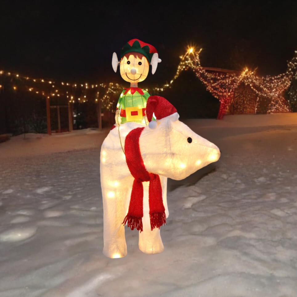 Haute Decor Elf Riding Polar Bear Duo - Large Outdoor Lighted Christmas Yard Decor with Energy-Efficient LED Lights