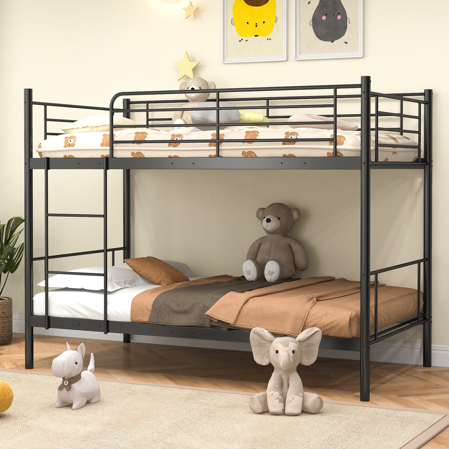 Black Metal Twin Over Twin Bunk Bed with High Guardrails and Ladder